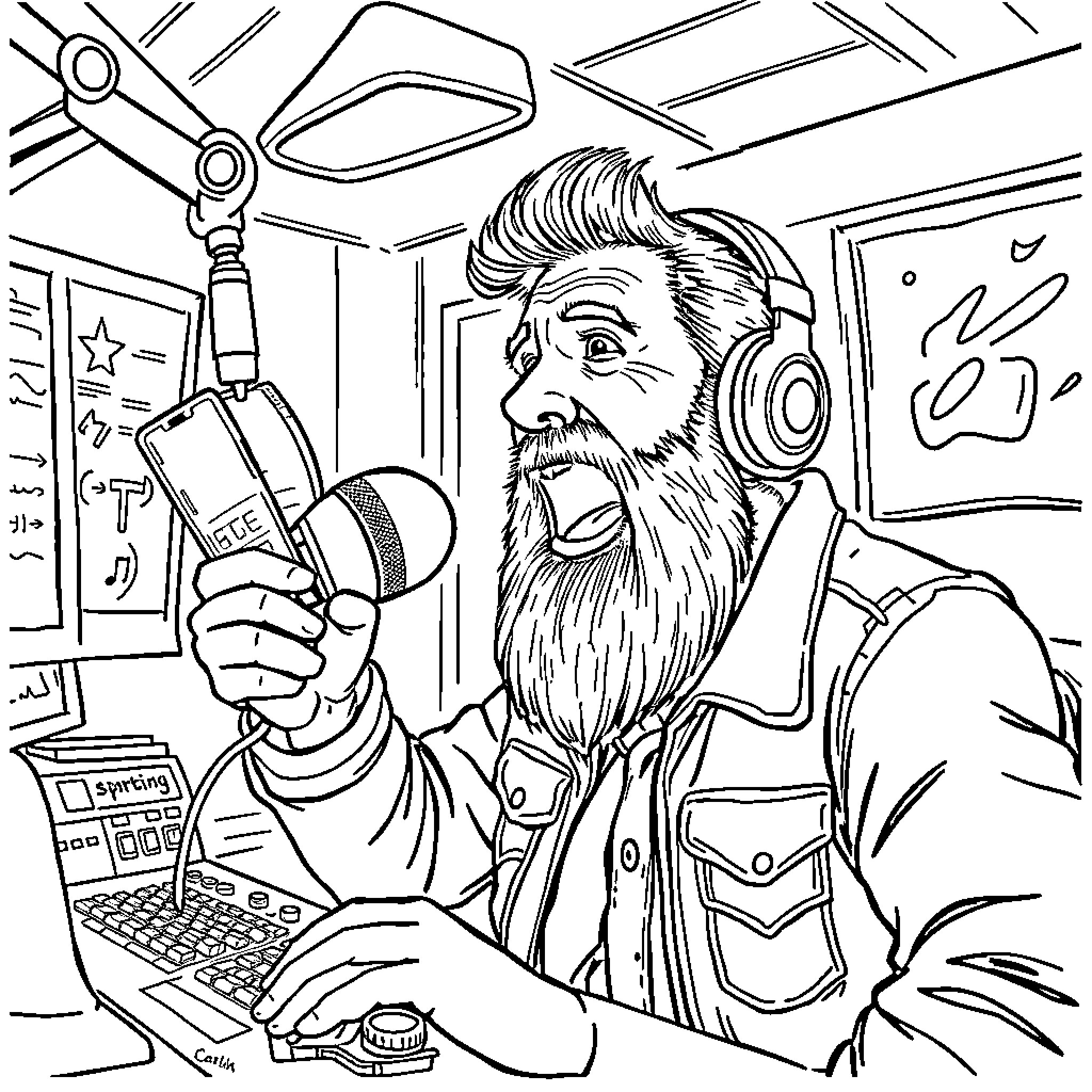 Bearded Man Recording or Broadcasting in a Studio Coloring Page (free black-and-white line drawing printable PDF for all, from beginners to advanced learners, including children, teens, adults, and seniors)