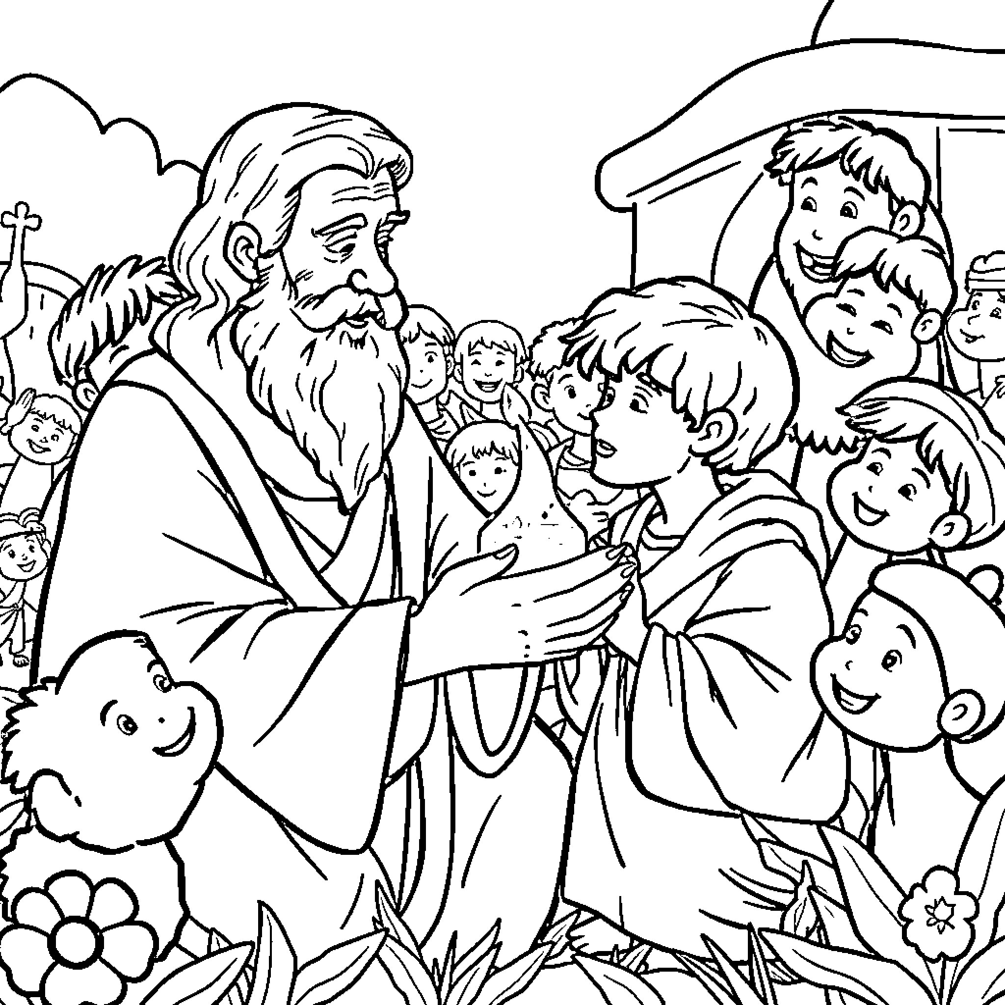 Samuel Surrounded by Joyful Children in a Spiritual Setting Coloring Page (free black-and-white line drawing printable PDF for all, from beginners to advanced learners, including children, teens, adults, and seniors)