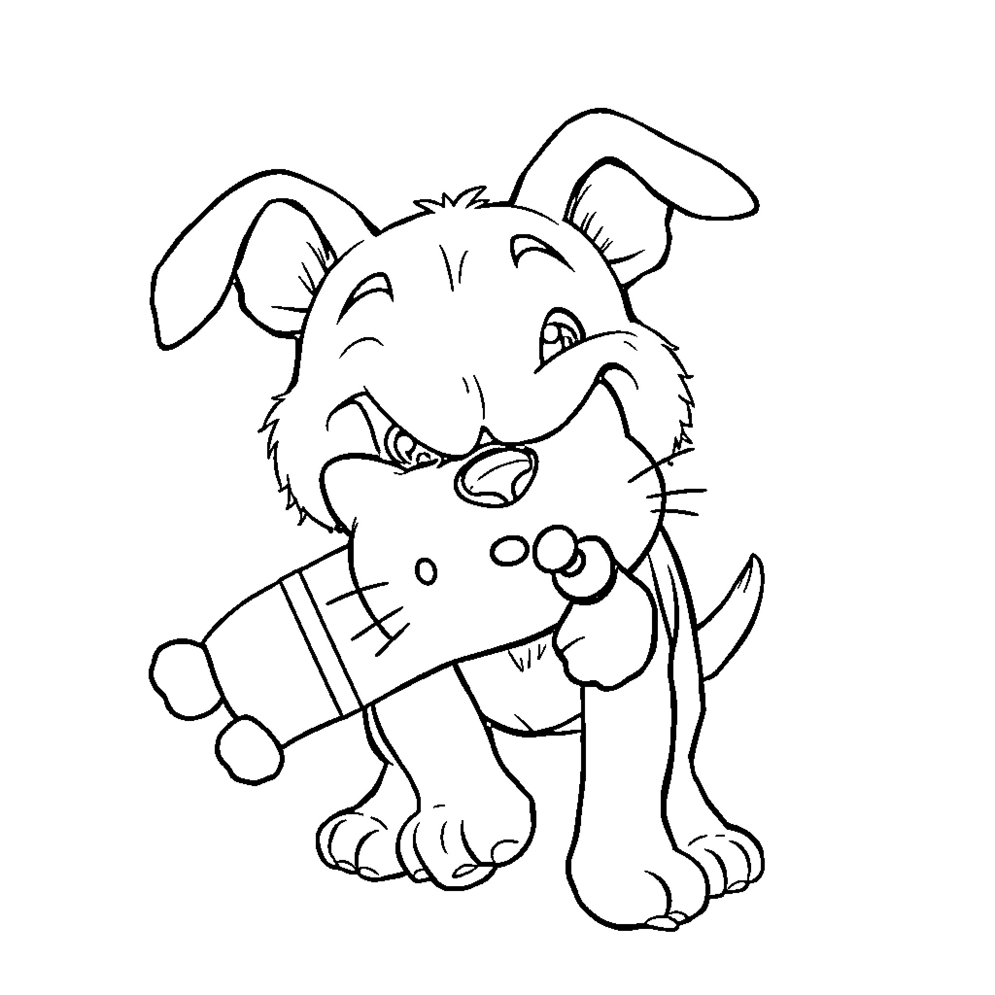 Dog holding a bone and smiling happily Coloring Page (free black-and-white line drawing printable PDF for all, from beginners to advanced learners, including children, teens, adults, and seniors)