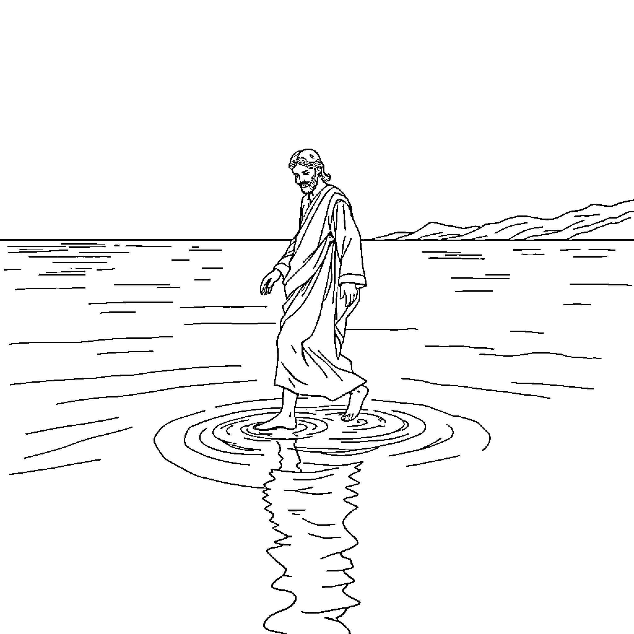 Jesus walking on the water Coloring Page (free black-and-white line drawing printable PDF for all, from beginners to advanced learners, including children, teens, adults, and seniors)
