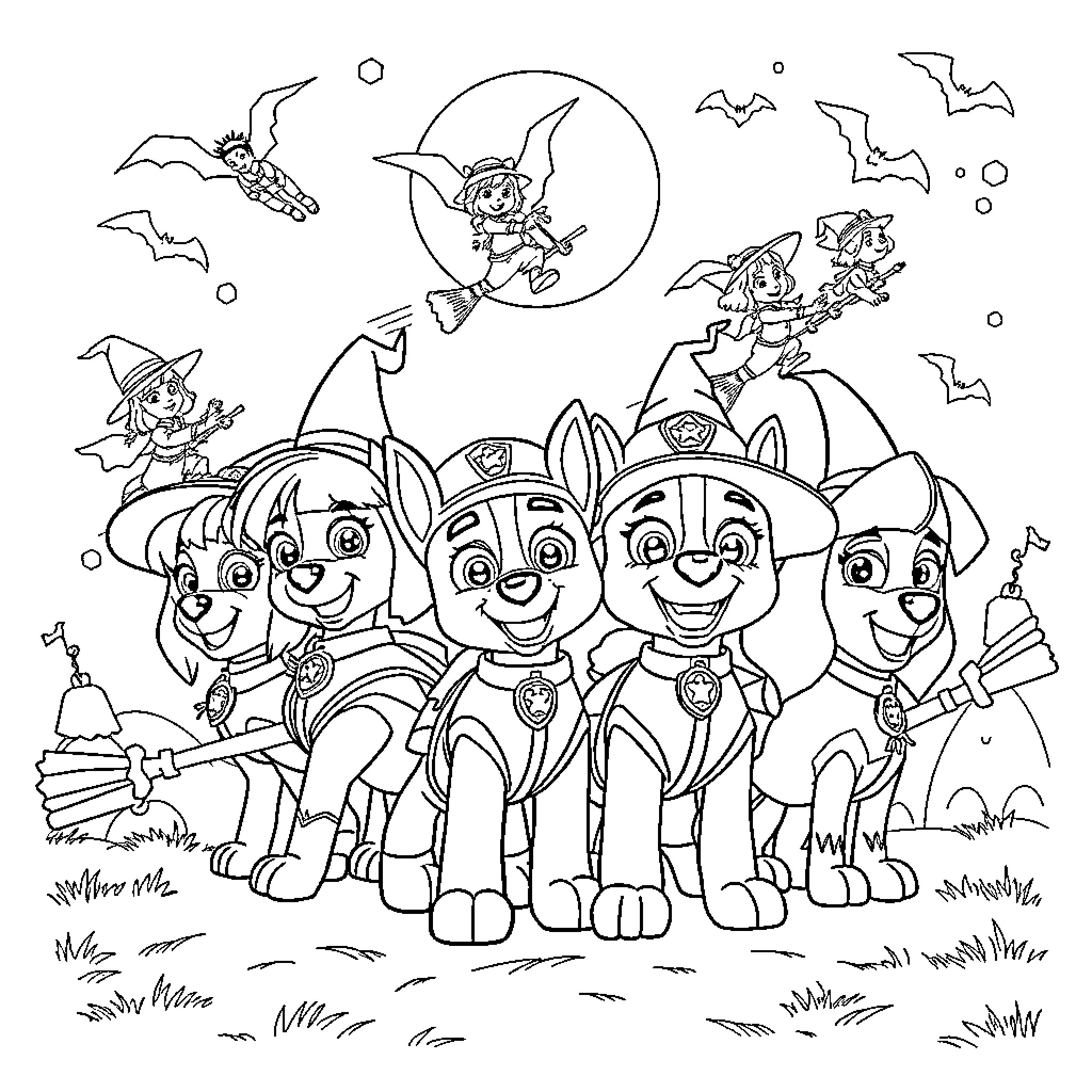 Paw Patrol puppy friends in Halloween costumes Coloring Page (free black-and-white line drawing printable PDF for all, from beginners to advanced learners, including children, teens, adults, and seniors)