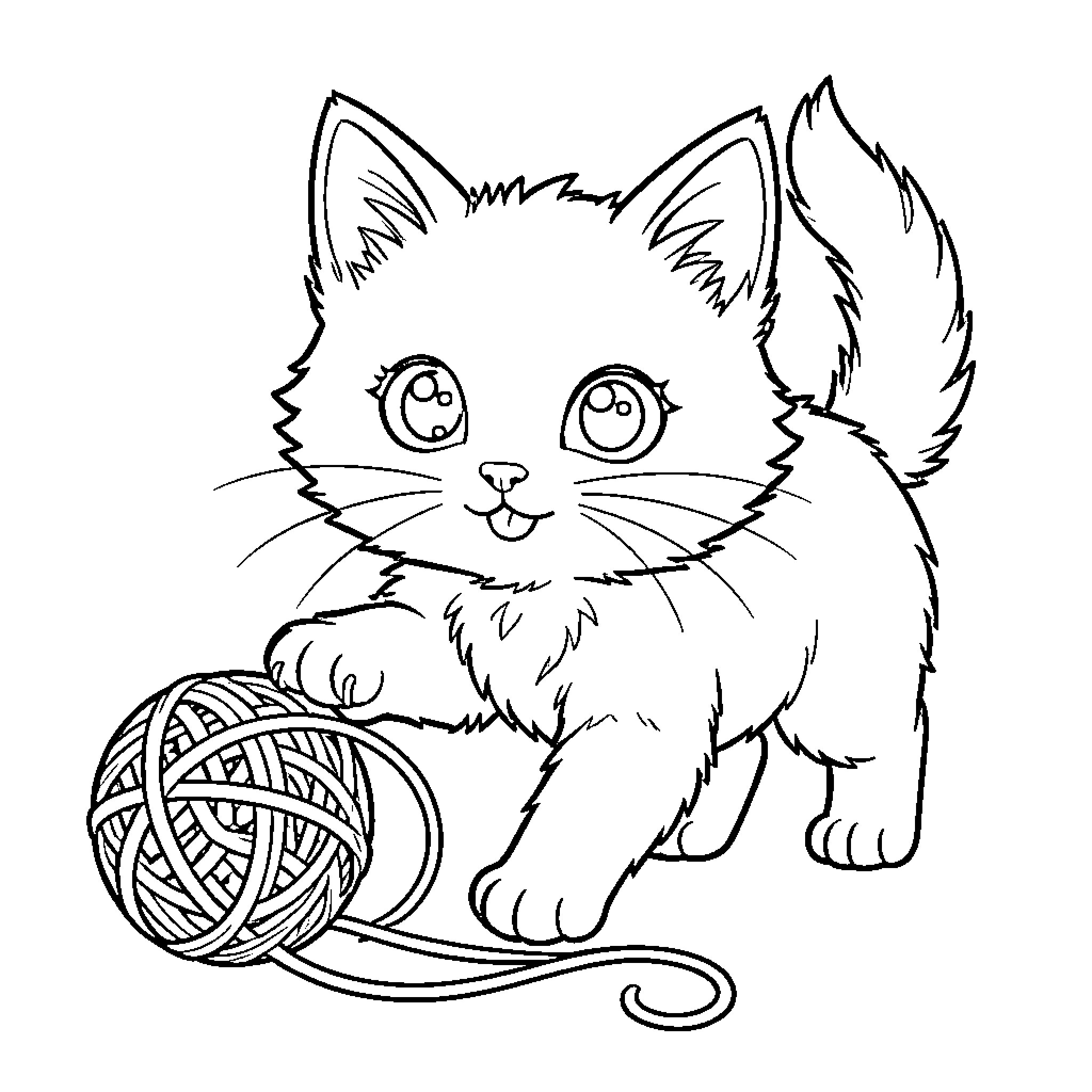 Kitty playing with yarn ball Coloring Page (free black-and-white line drawing printable PDF for all, from beginners to advanced learners, including children, teens, adults, and seniors)