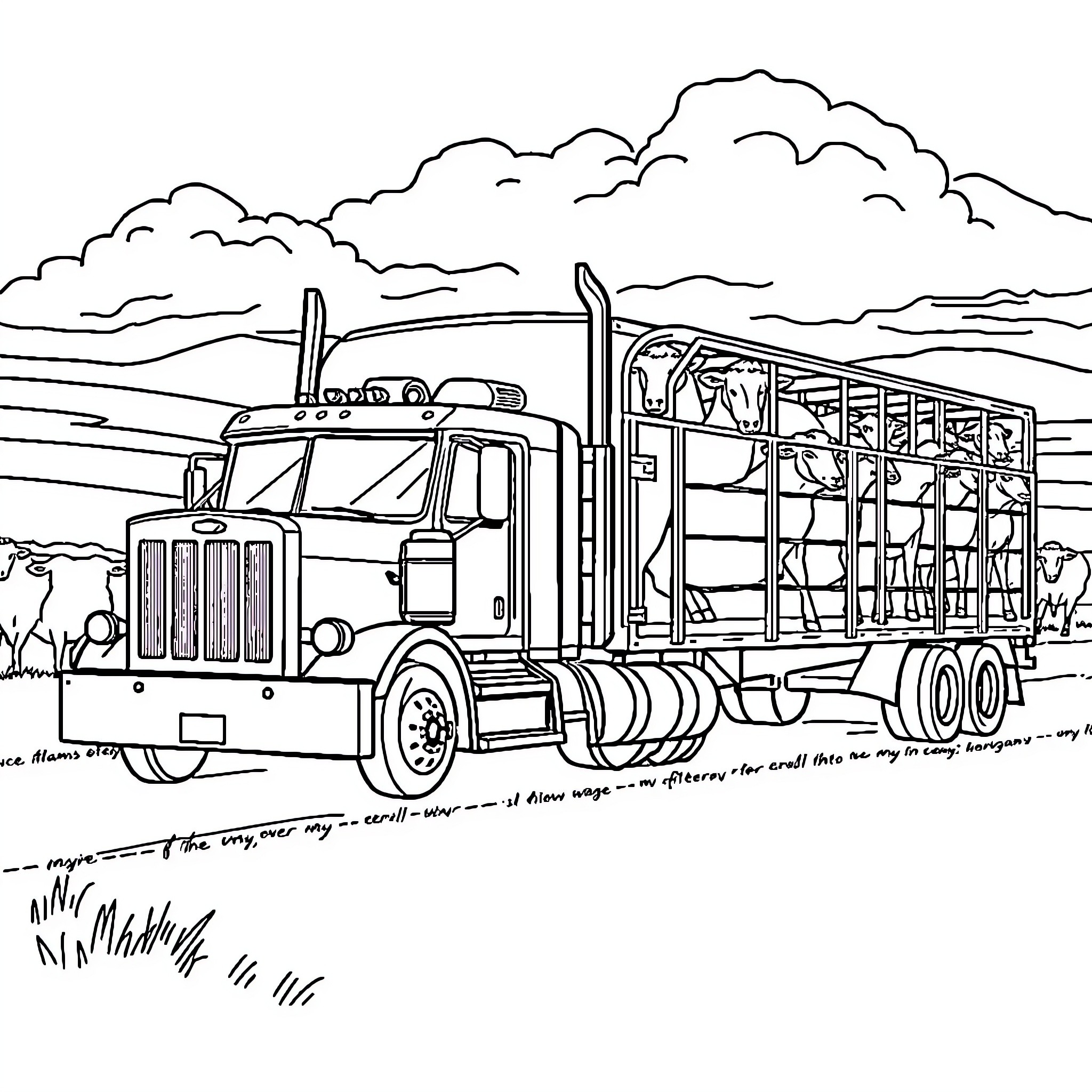 Truck transporting livestock on rural road Coloring Page (free black-and-white line drawing printable PDF for all, from beginners to advanced learners, including children, teens, adults, and seniors)