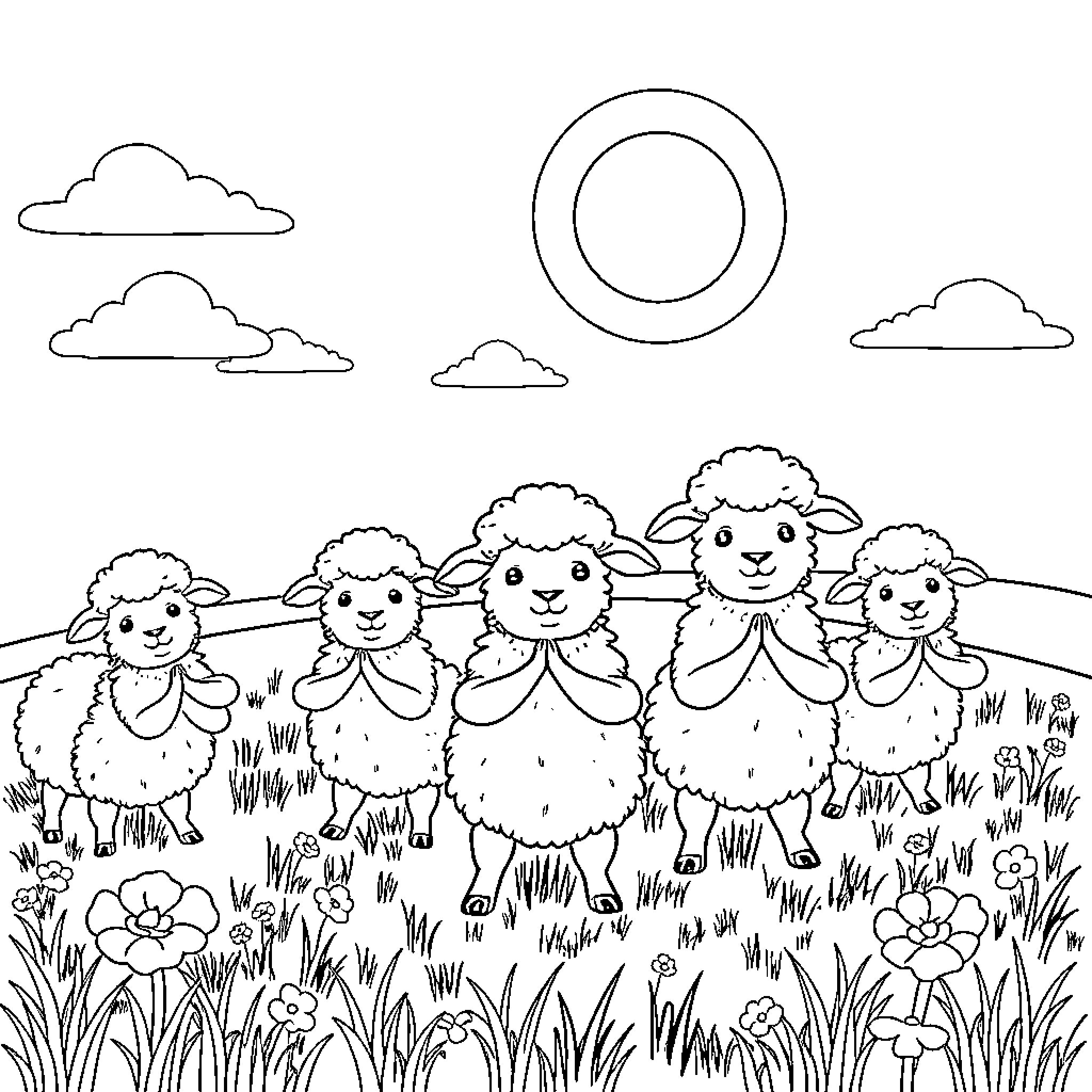 Sheep grazing peacefully in a meadow Coloring Page (free black-and-white line drawing printable PDF for all, from beginners to advanced learners, including children, teens, adults, and seniors)