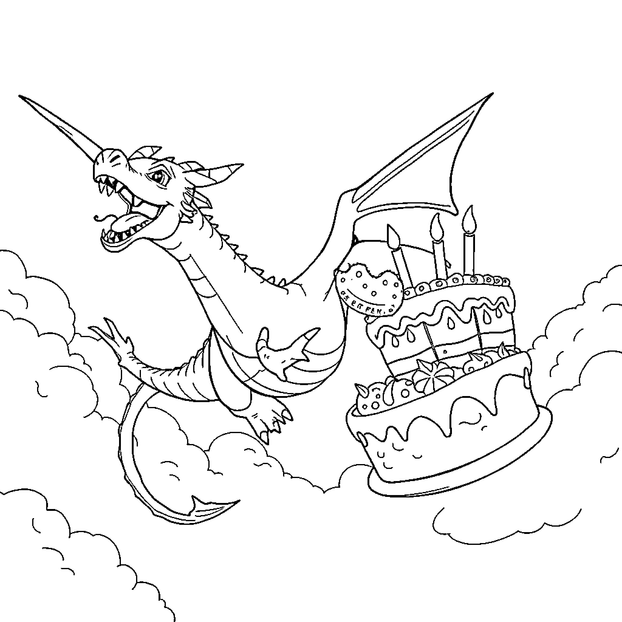 Dragon soaring with a festive cake in the clouds Coloring Page (free black-and-white line drawing printable PDF for all, from beginners to advanced learners, including children, teens, adults, and seniors)