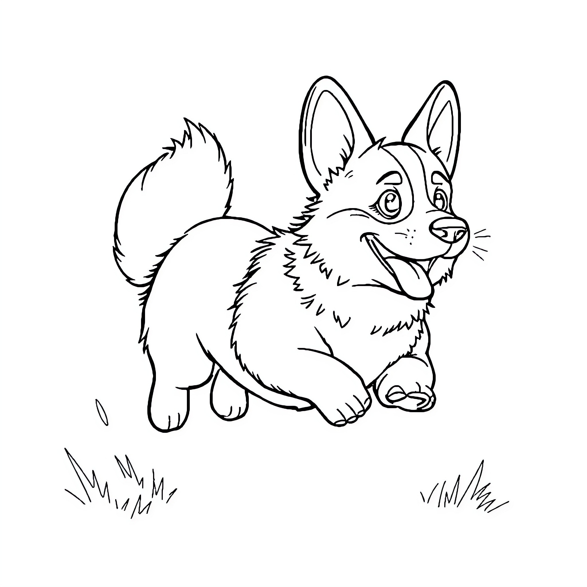 Corgi pup enjoying the outdoors Coloring Page (free black-and-white line drawing printable PDF for all, from beginners to advanced learners, including children, teens, adults, and seniors)