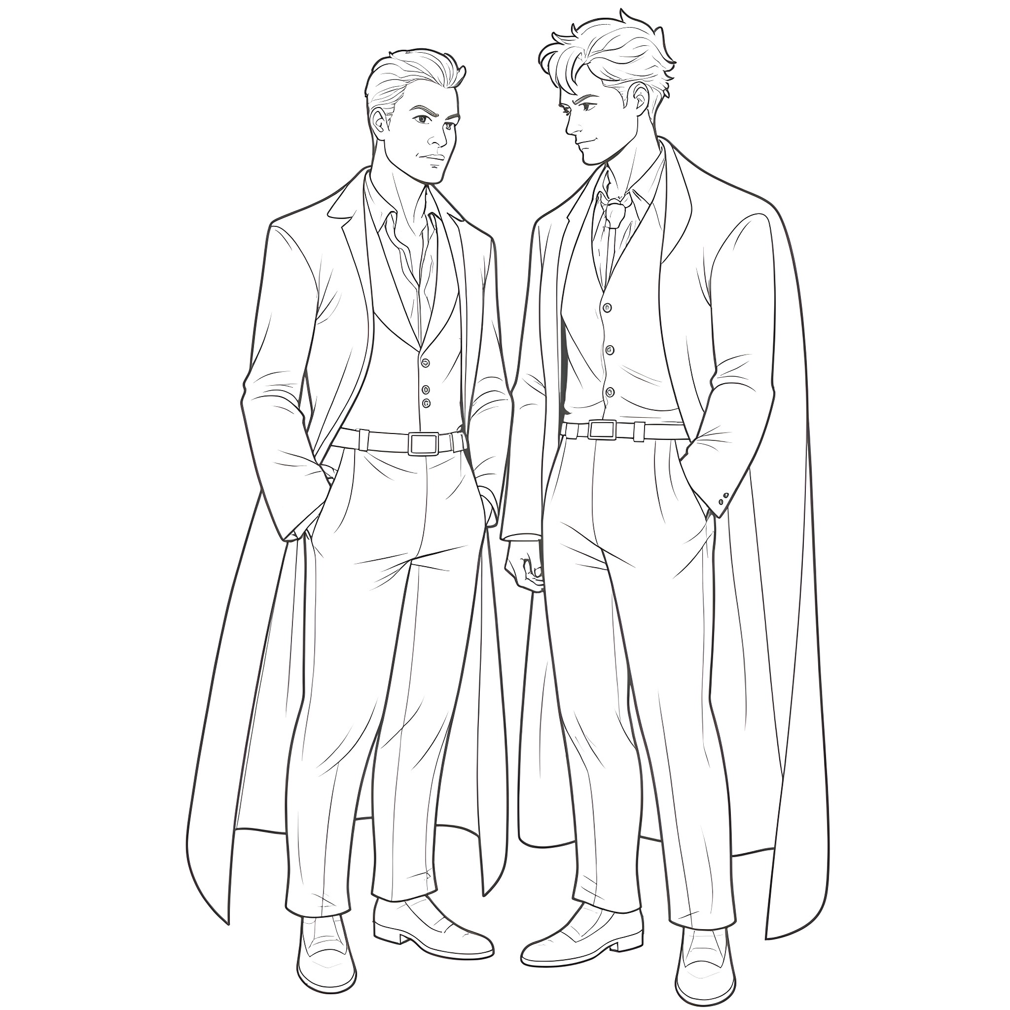 John Constantine and a companion in formal attire Coloring Page (free black-and-white line drawing printable PDF for all, from beginners to advanced learners, including children, teens, adults, and seniors)