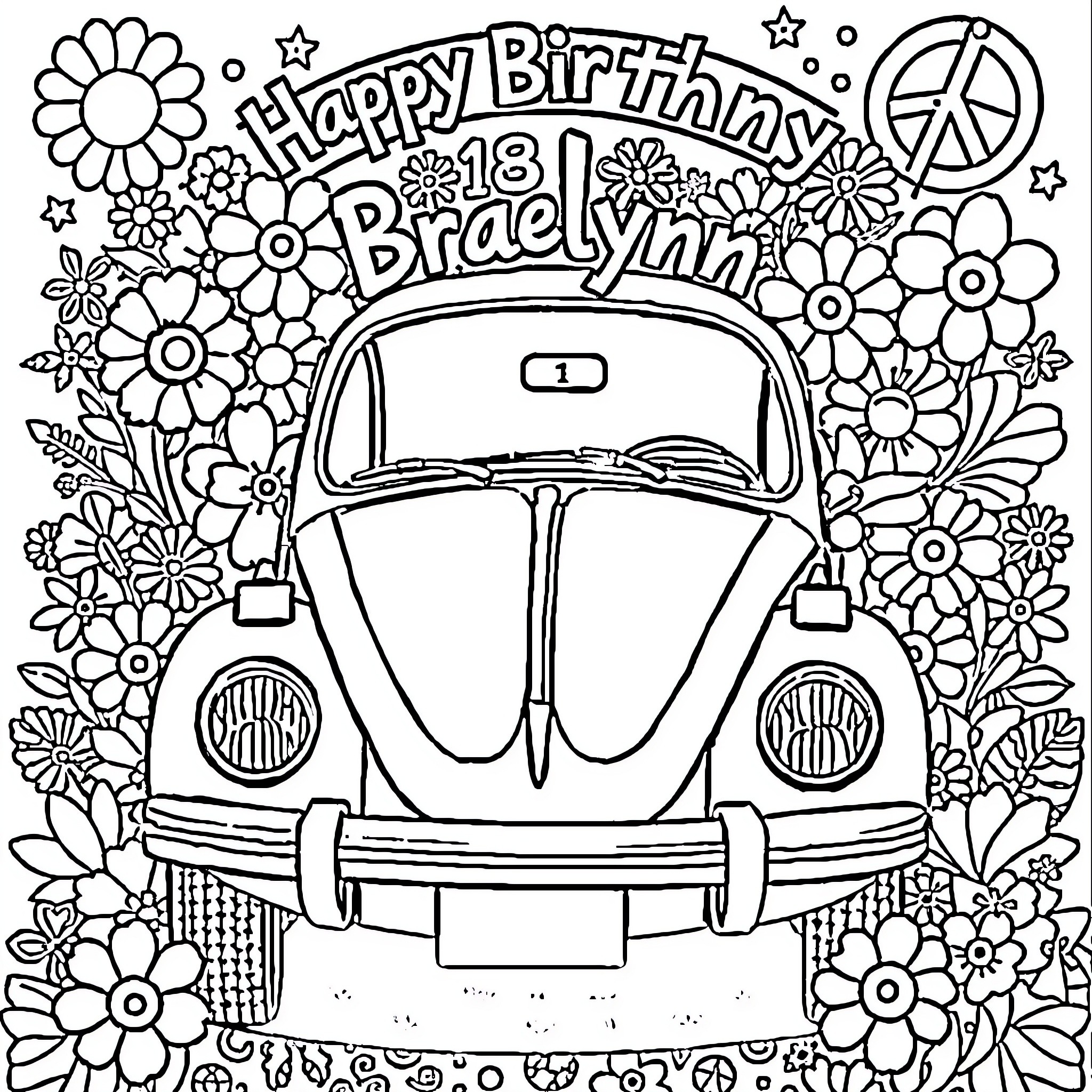 Volkswagen Bug Surrounded by Flowers and Peace Symbols Coloring Page (free black-and-white line drawing printable PDF for all, from beginners to advanced learners, including children, teens, adults, and seniors)