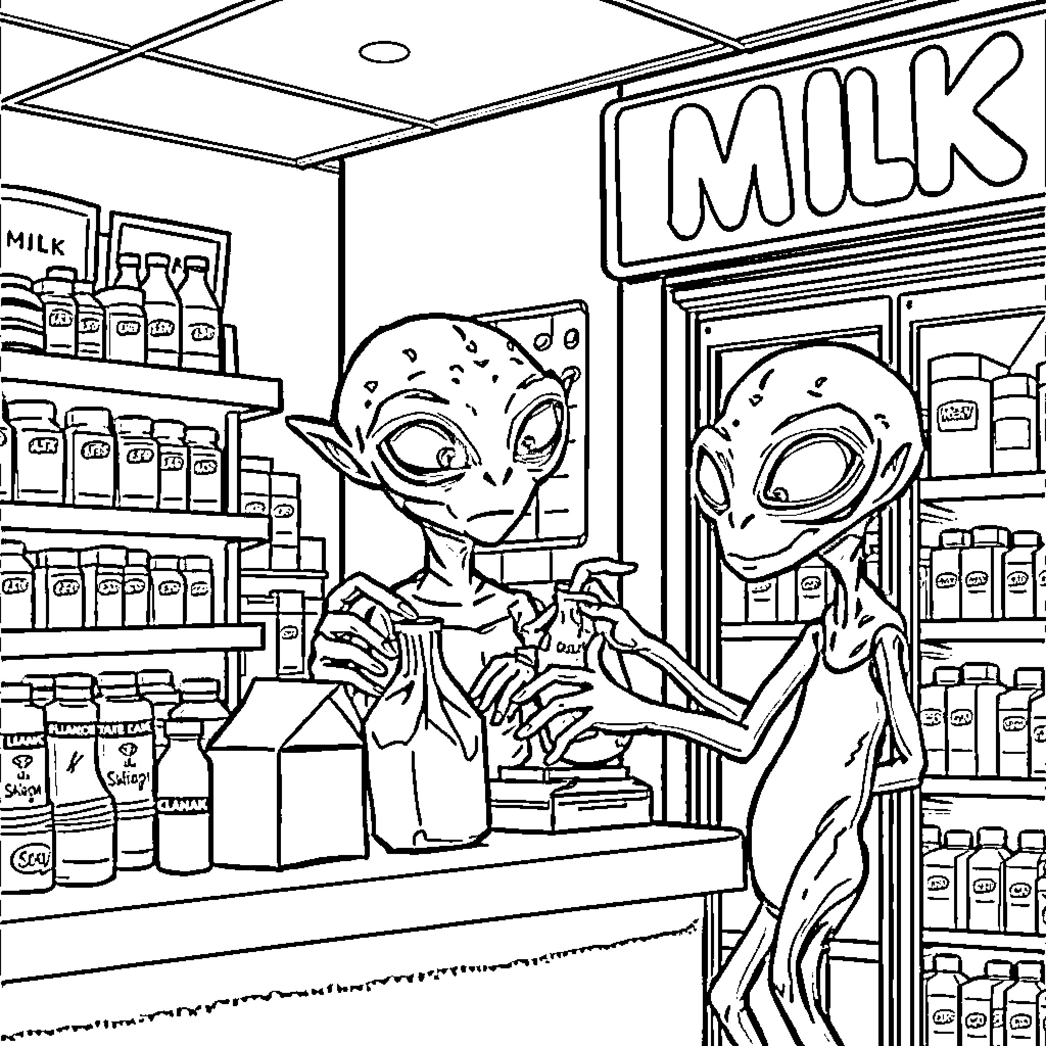 Alien creatures shopping in the milk aisle Coloring Page (free black-and-white line drawing printable PDF for all, from beginners to advanced learners, including children, teens, adults, and seniors)