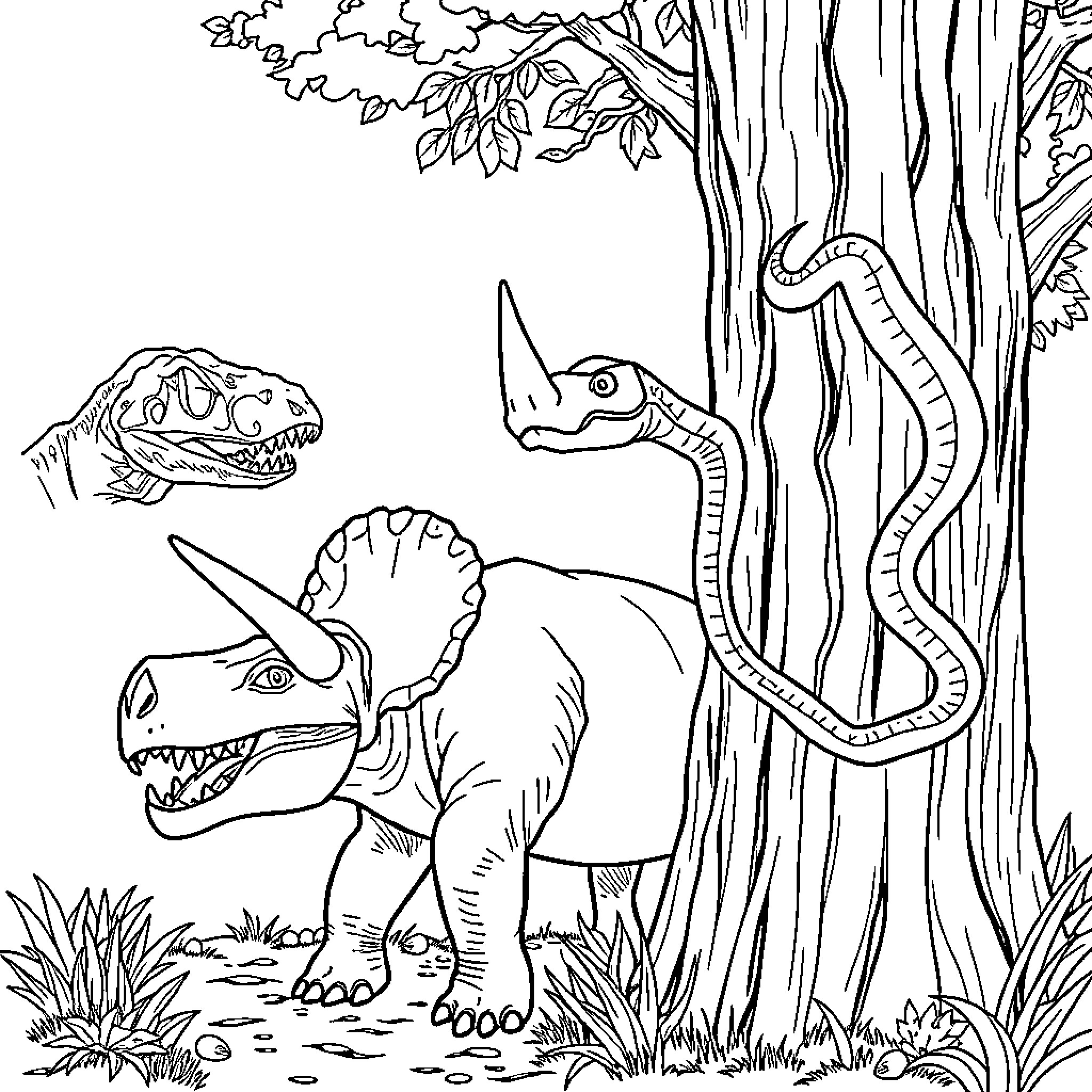 Fossil Dinosaurs Roaring in Prehistoric Landscape Coloring Page (free black-and-white line drawing printable PDF for all, from beginners to advanced learners, including children, teens, adults, and seniors)
