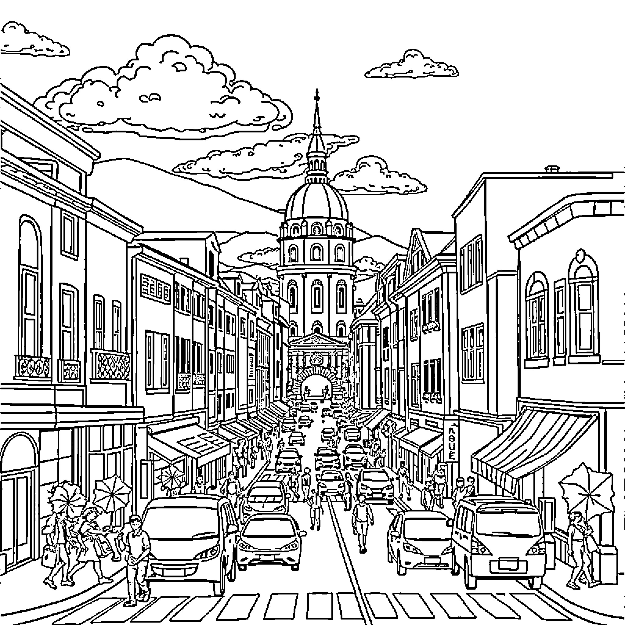 Esla's Lively City Scene with Bustling Streets Coloring Page (free black-and-white line drawing printable PDF for all, from beginners to advanced learners, including children, teens, adults, and seniors)