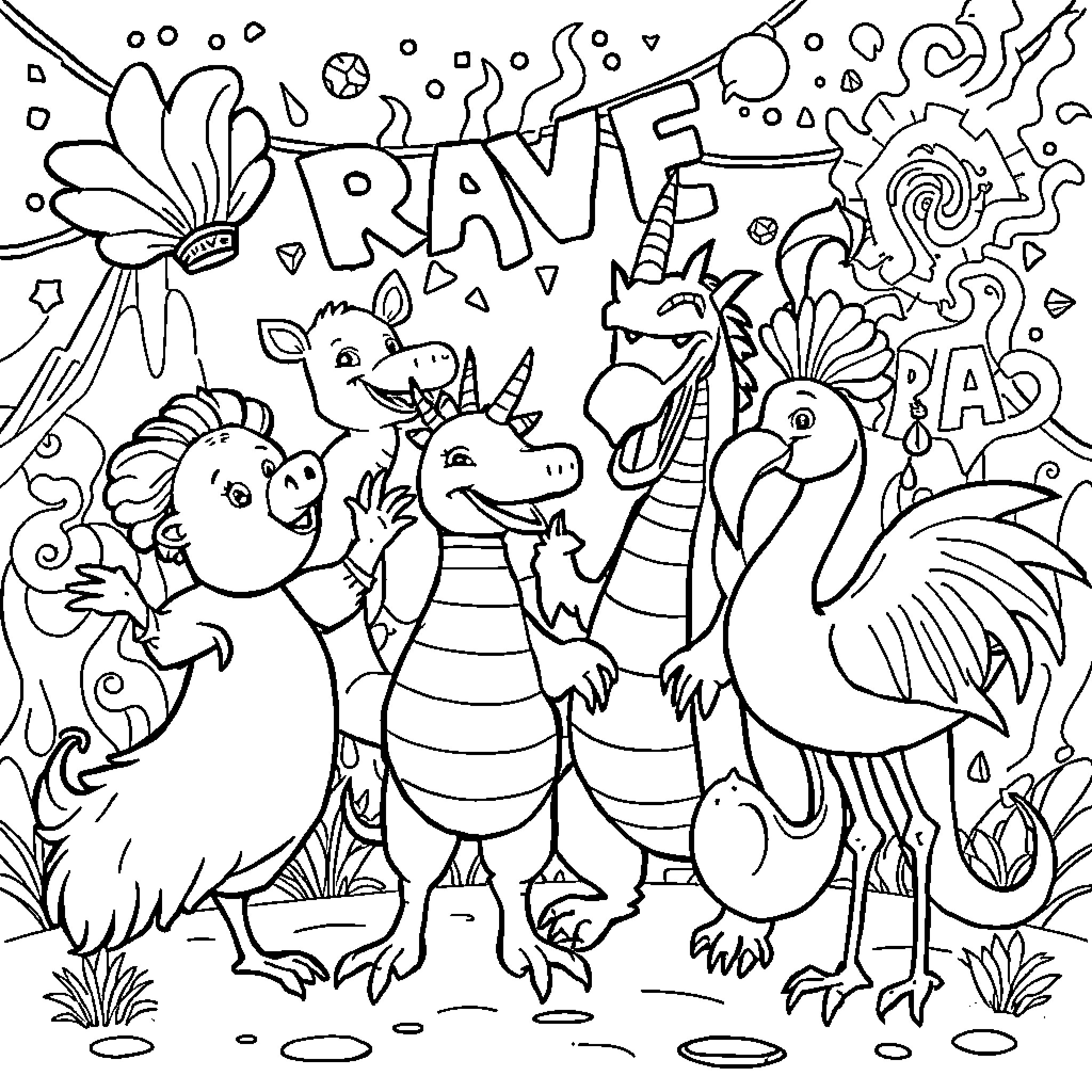 Poule: Fantastical creatures in whimsical adventure Coloring Page (free black-and-white line drawing printable PDF for all, from beginners to advanced learners, including children, teens, adults, and seniors)