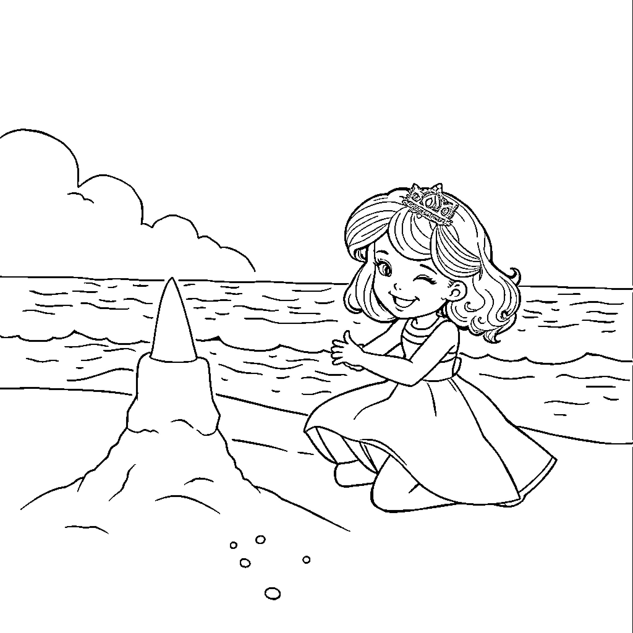 Princess Admiring Sand Castle on the Beach Coloring Page (free black-and-white line drawing printable PDF for all, from beginners to advanced learners, including children, teens, adults, and seniors)