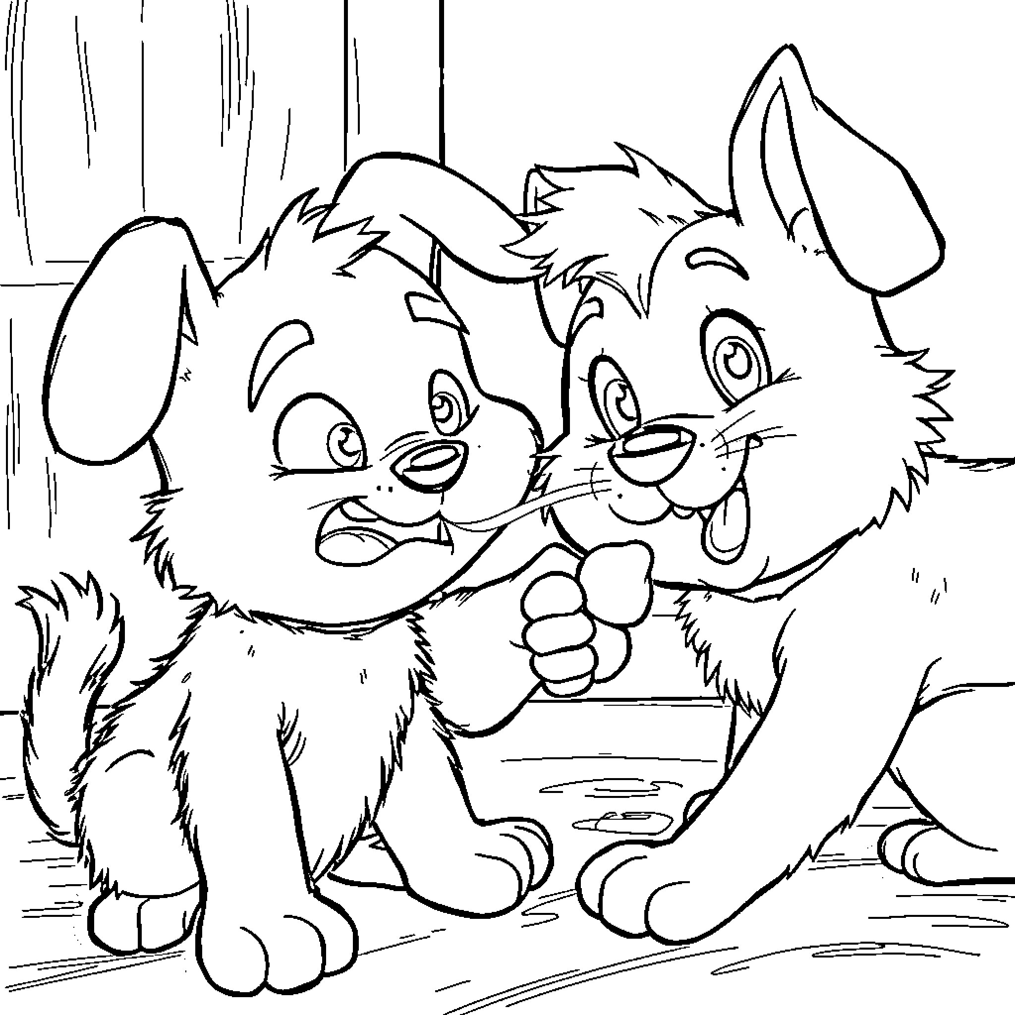 Bluey and friend playing joyfully in the forest Coloring Page (free black-and-white line drawing printable PDF for all, from beginners to advanced learners, including children, teens, adults, and seniors)
