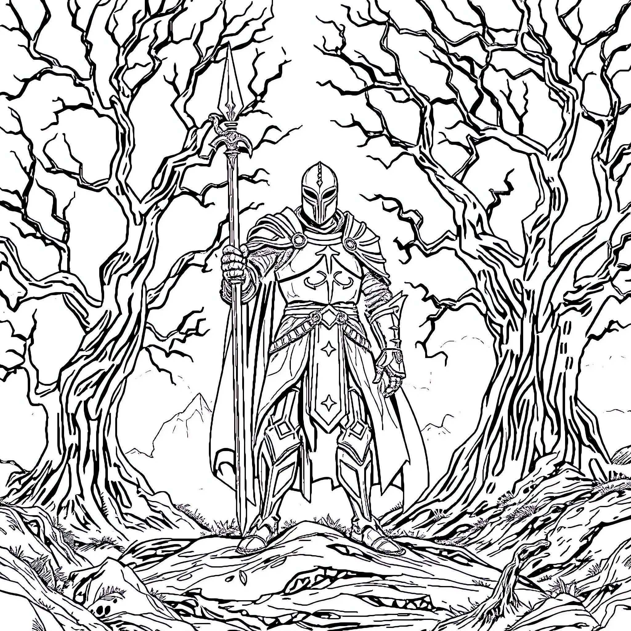 Knight standing tall amidst the gnarled forest Coloring Page (free black-and-white line drawing printable PDF for all, from beginners to advanced learners, including children, teens, adults, and seniors)