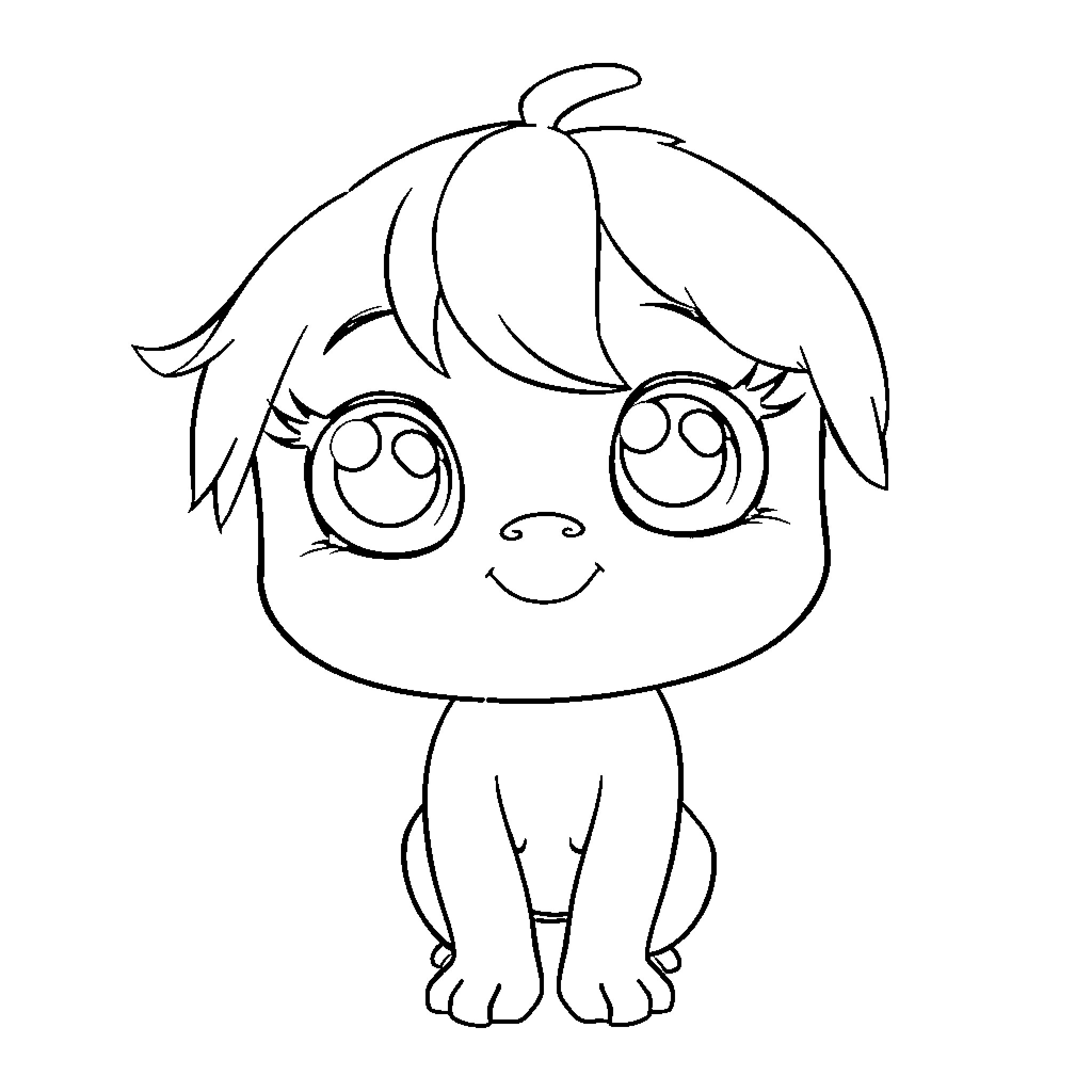Kawai Chibi Character with Oversized Eyes Coloring Page (free black-and-white line drawing printable PDF for all, from beginners to advanced learners, including children, teens, adults, and seniors)