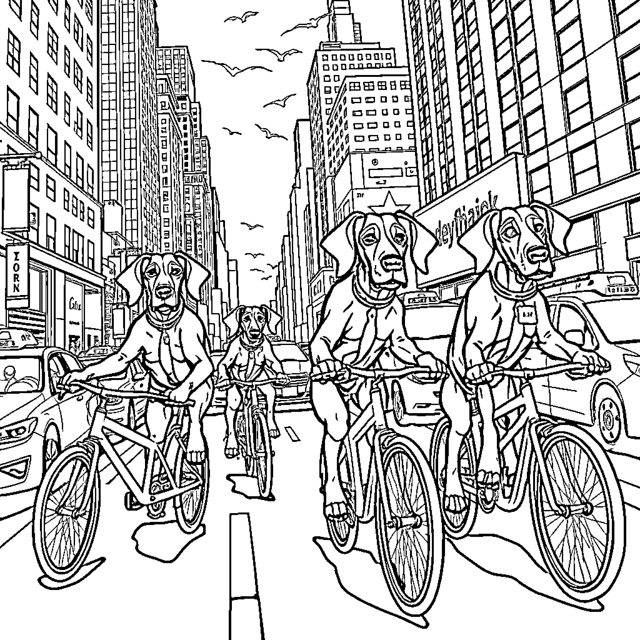 Bloodhound dogs riding bicycles in a bustling city Coloring Page (free black-and-white line drawing printable PDF for all, from beginners to advanced learners, including children, teens, adults, and seniors)