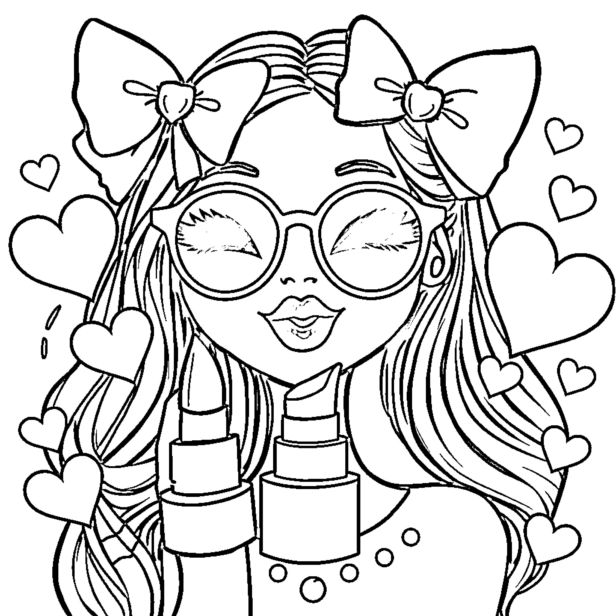 Item with Smiling Girl Wearing Glasses Coloring Page (free black-and-white line drawing printable PDF for all, from beginners to advanced learners, including children, teens, adults, and seniors)