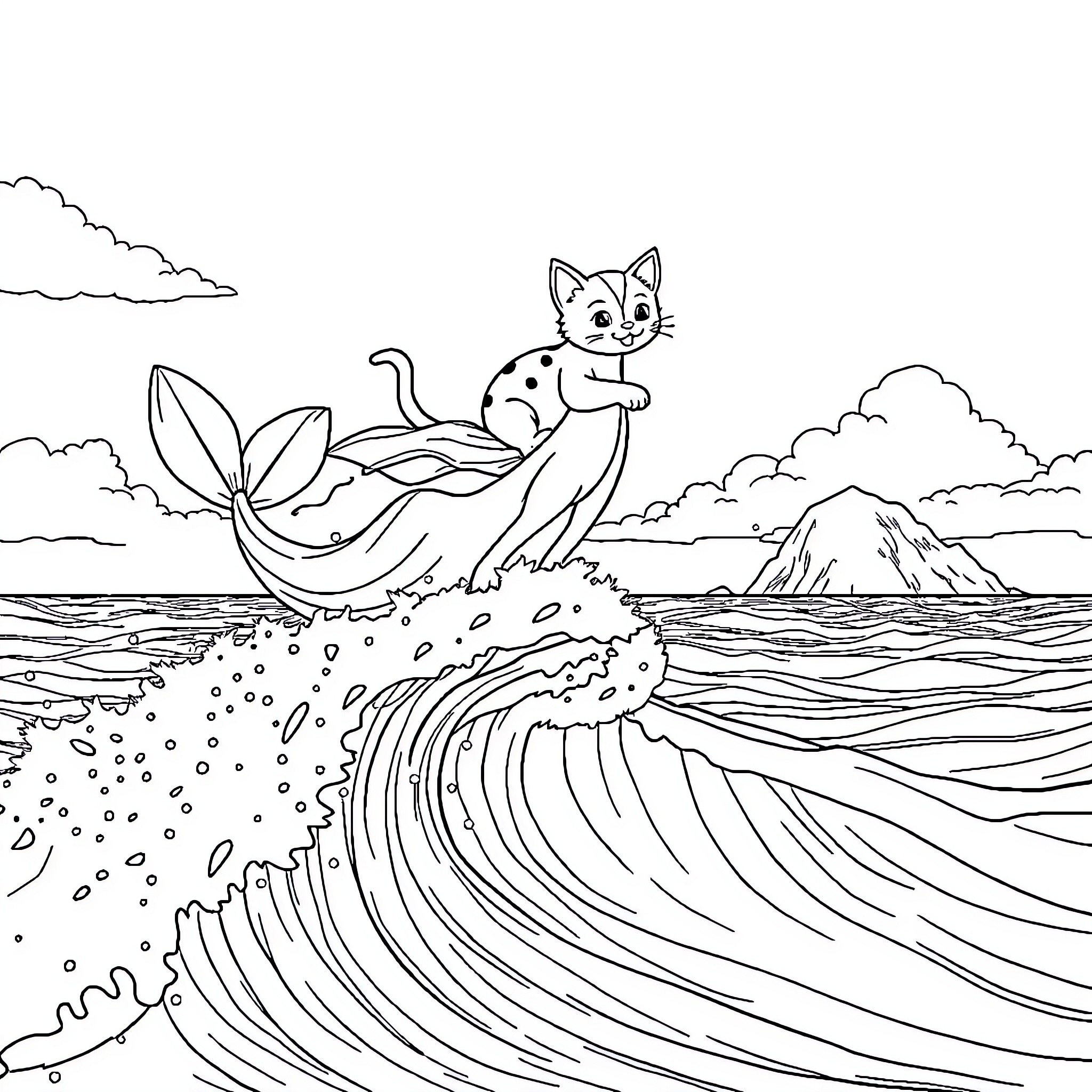 Cat Mermaid Surfing in the Ocean Coloring Page (free black-and-white line drawing printable PDF for all, from beginners to advanced learners, including children, teens, adults, and seniors)