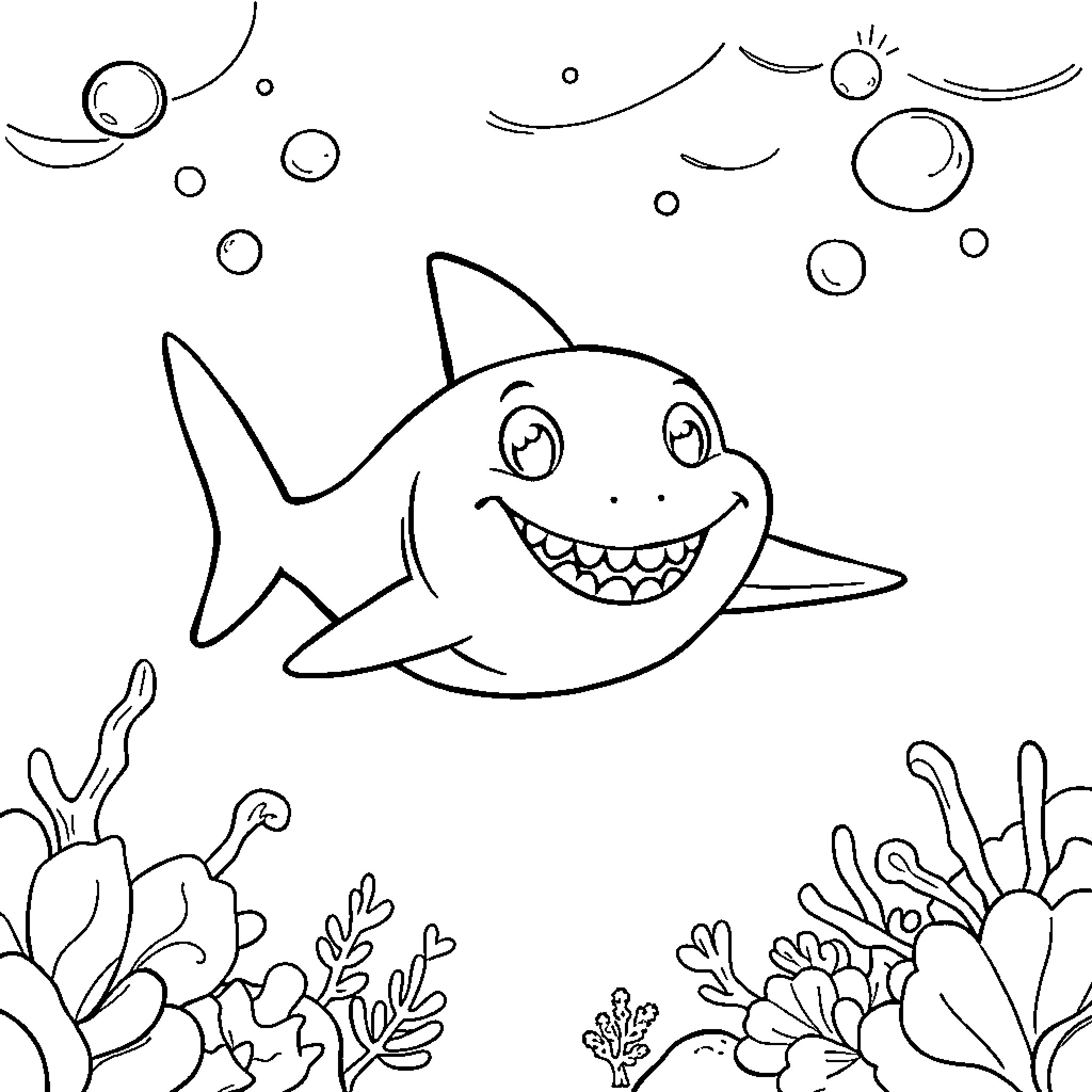 Baby Shark swimming happily underwater with coral reefs Coloring Page (free black-and-white line drawing printable PDF for all, from beginners to advanced learners, including children, teens, adults, and seniors)