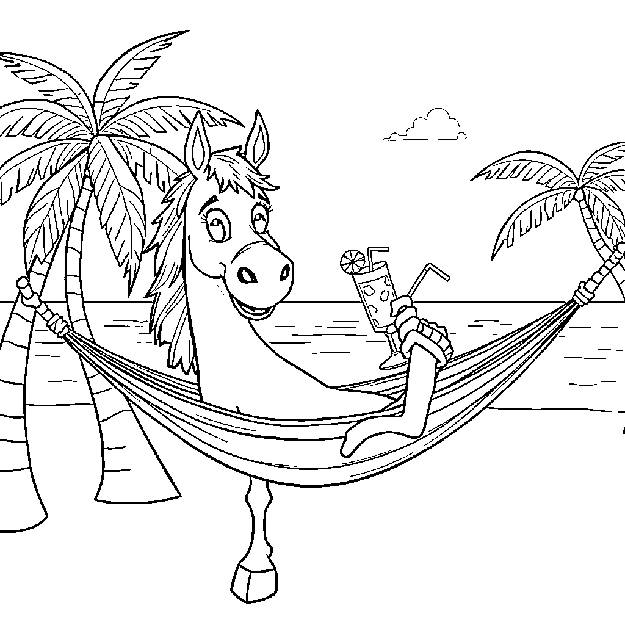 Horse relaxing in a hammock on the beach Coloring Page (free black-and-white line drawing printable PDF for all, from beginners to advanced learners, including children, teens, adults, and seniors)