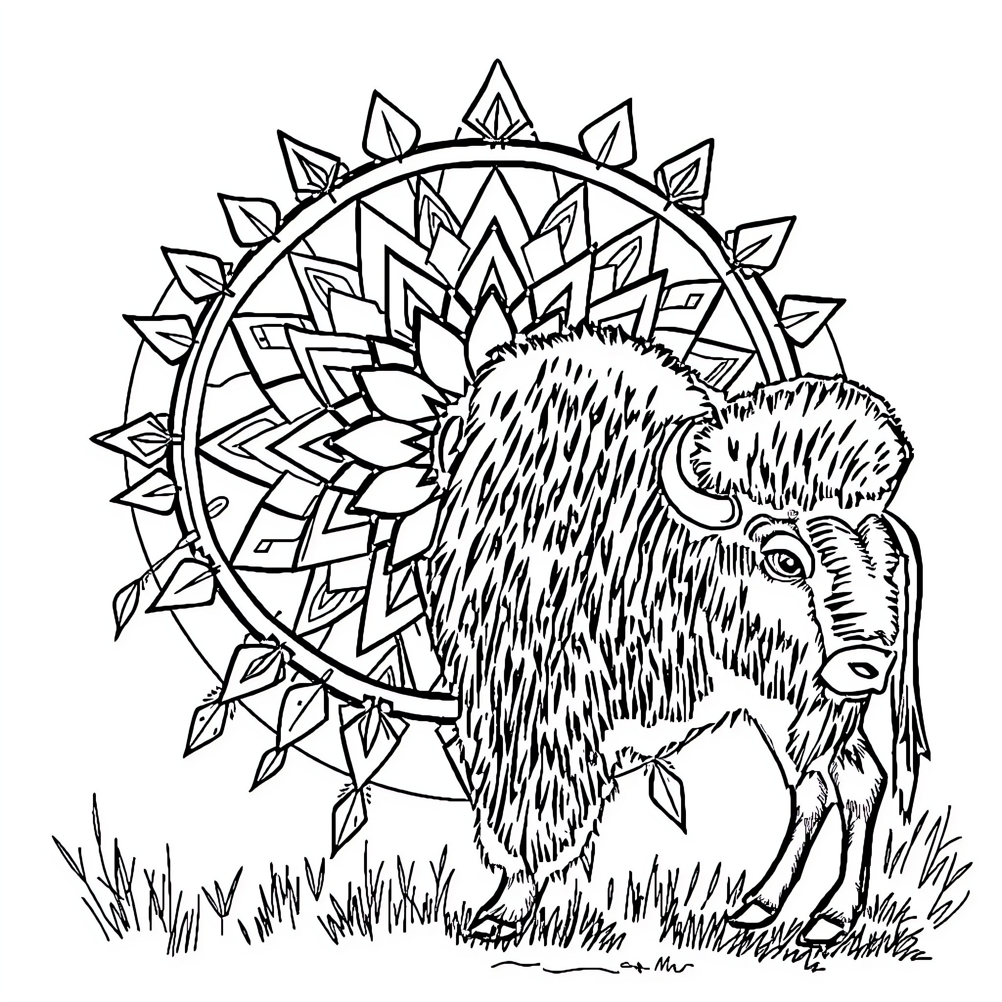 Bison surrounded by intricate geometric patterns Coloring Page (free black-and-white line drawing printable PDF for all, from beginners to advanced learners, including children, teens, adults, and seniors)