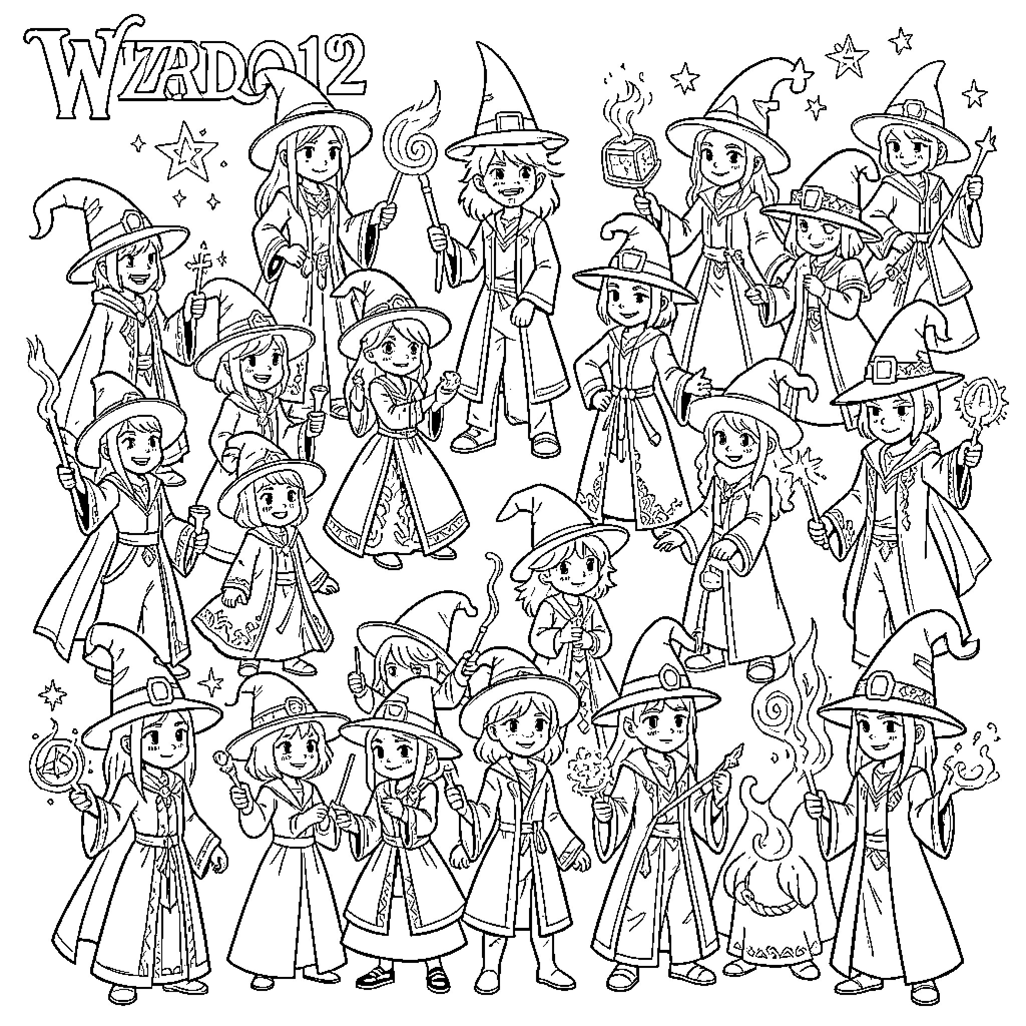 Wizard 101 Character Variety of Magical Figures Coloring Page (free black-and-white line drawing printable PDF for all, from beginners to advanced learners, including children, teens, adults, and seniors)