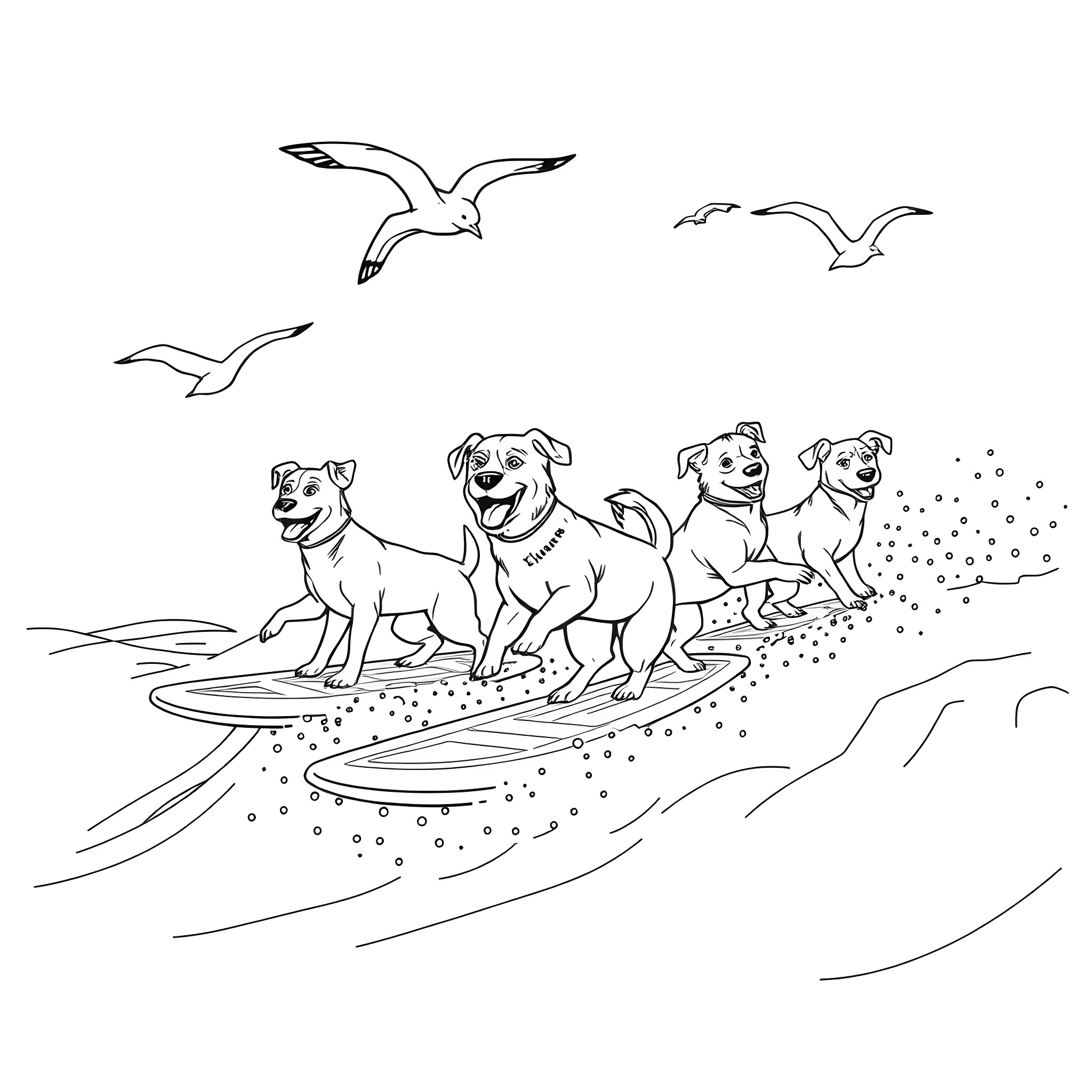 Dog group surfing together on the waves Coloring Page (free black-and-white line drawing printable PDF for all, from beginners to advanced learners, including children, teens, adults, and seniors)