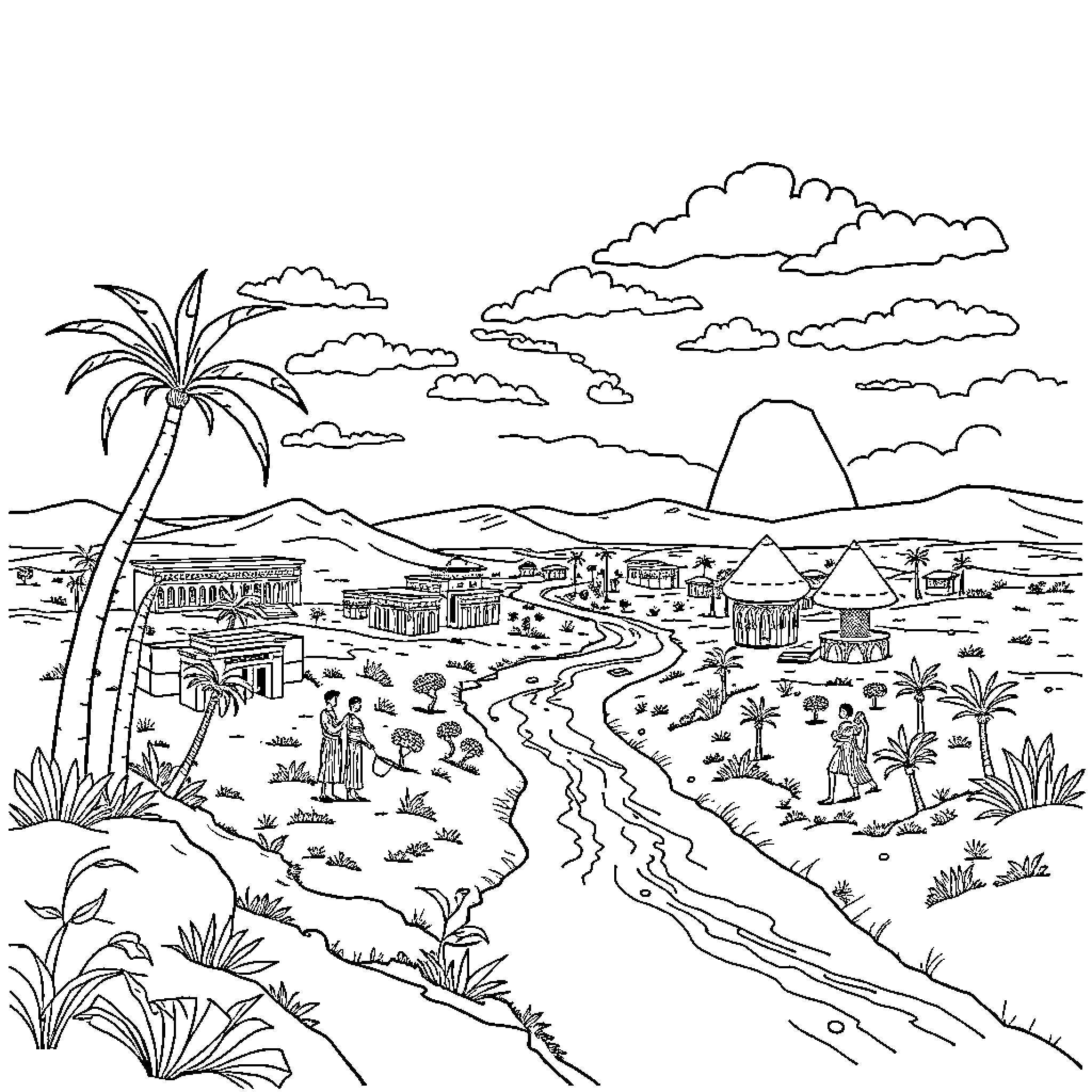Mesopotamia: Ancient Civilization Landscape Coloring Page (free black-and-white line drawing printable PDF for all, from beginners to advanced learners, including children, teens, adults, and seniors)
