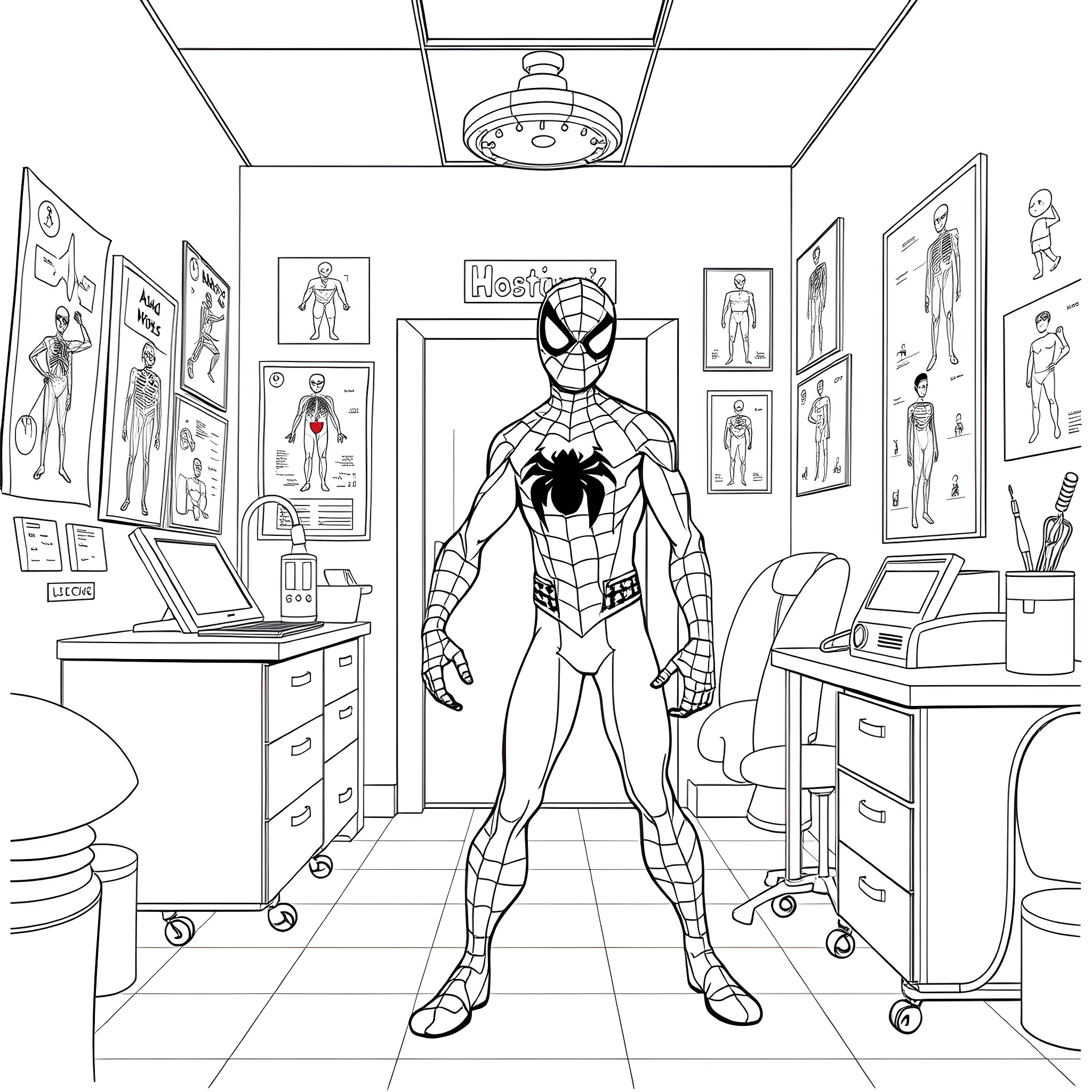 Spider-Man standing in a superhero memorabilia-filled room Coloring Page (free black-and-white line drawing printable PDF for all, from beginners to advanced learners, including children, teens, adults, and seniors)