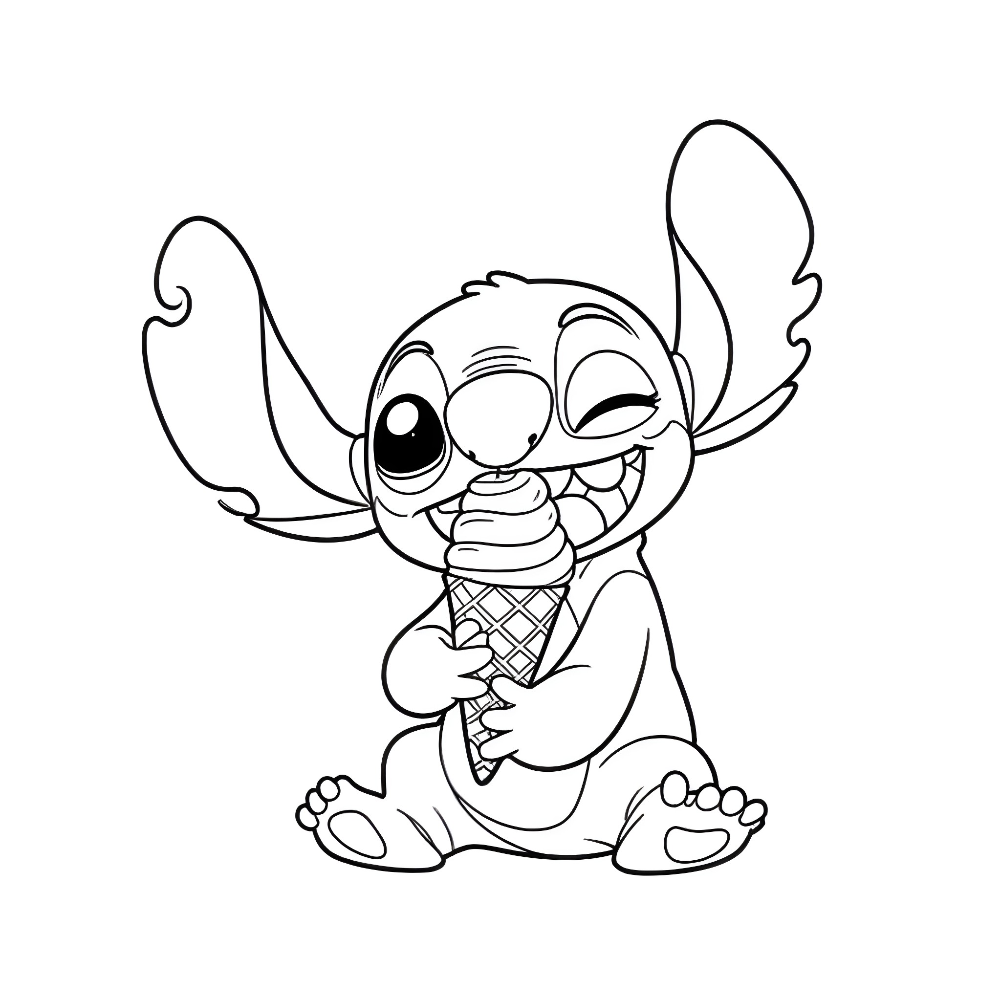 Stitch enjoying a delightful ice cream cone Coloring Page (free black-and-white line drawing printable PDF for all, from beginners to advanced learners, including children, teens, adults, and seniors)