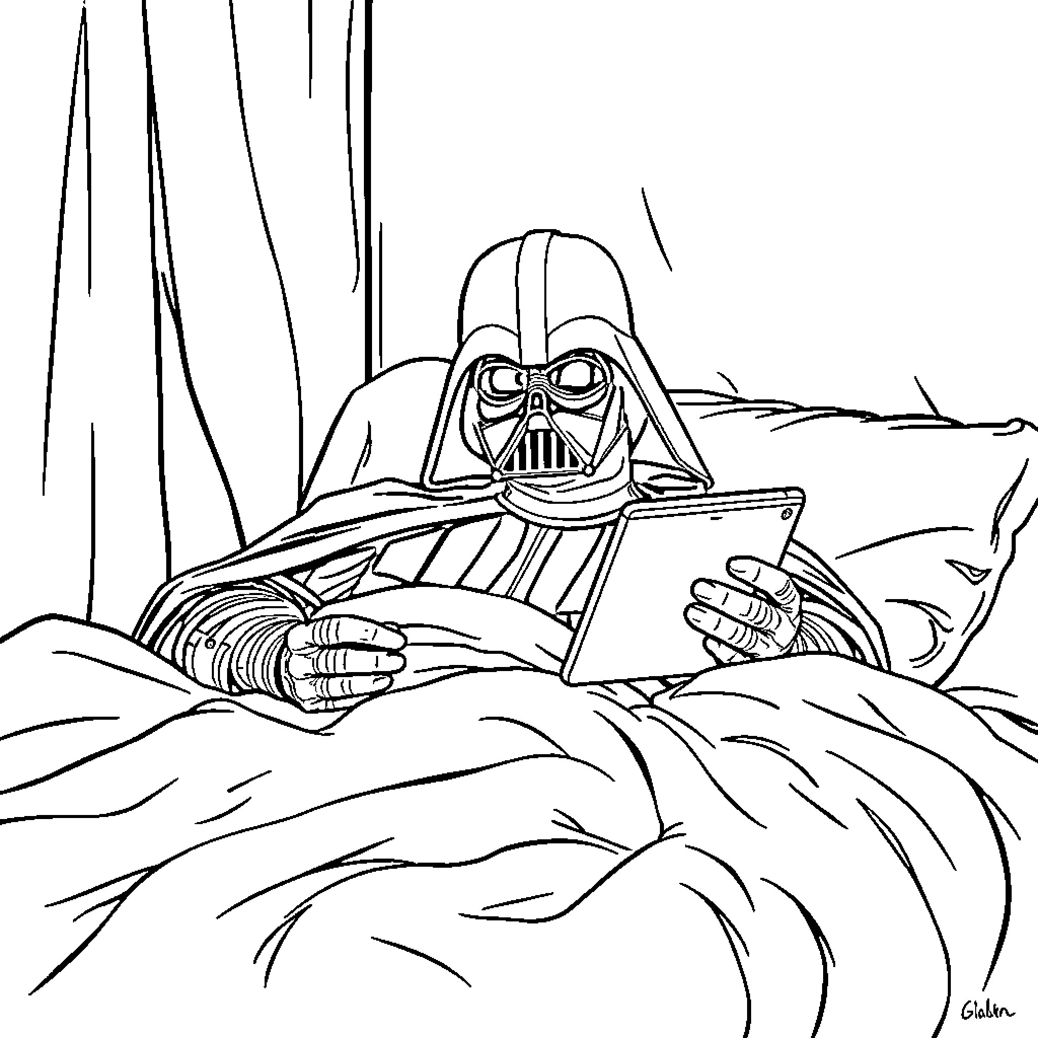 Dart Vader relaxing and reading a book Coloring Page (free black-and-white line drawing printable PDF for all, from beginners to advanced learners, including children, teens, adults, and seniors)