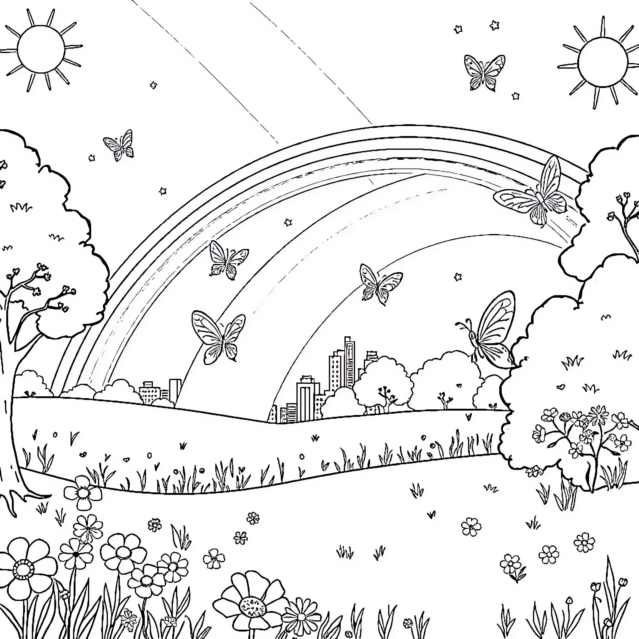 Fairy Landscape with Butterflies and Rainbows Coloring Page (free black-and-white line drawing printable PDF for all, from beginners to advanced learners, including children, teens, adults, and seniors)