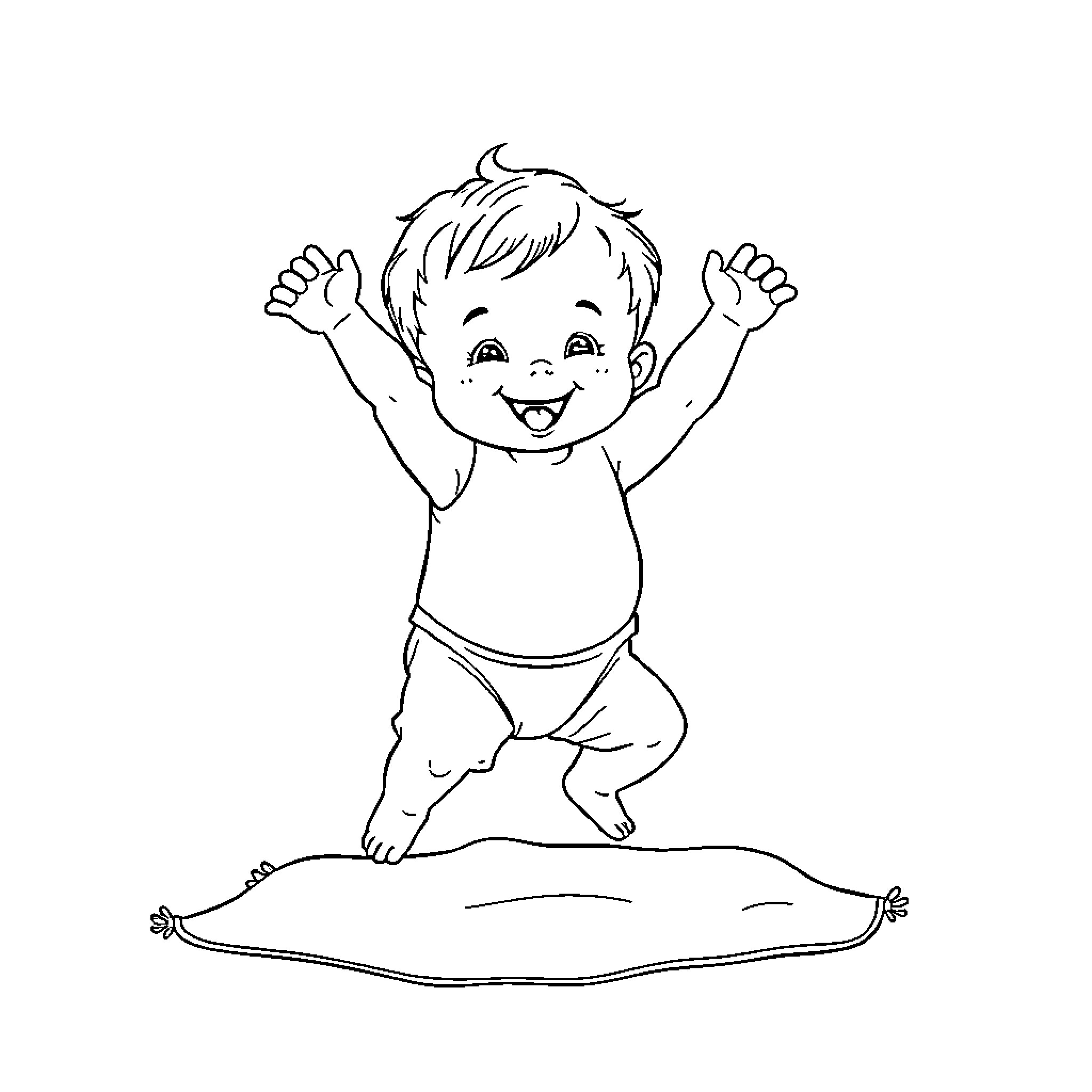 Baby jumping with joy on pillow Coloring Page (free black-and-white line drawing printable PDF for all, from beginners to advanced learners, including children, teens, adults, and seniors)
