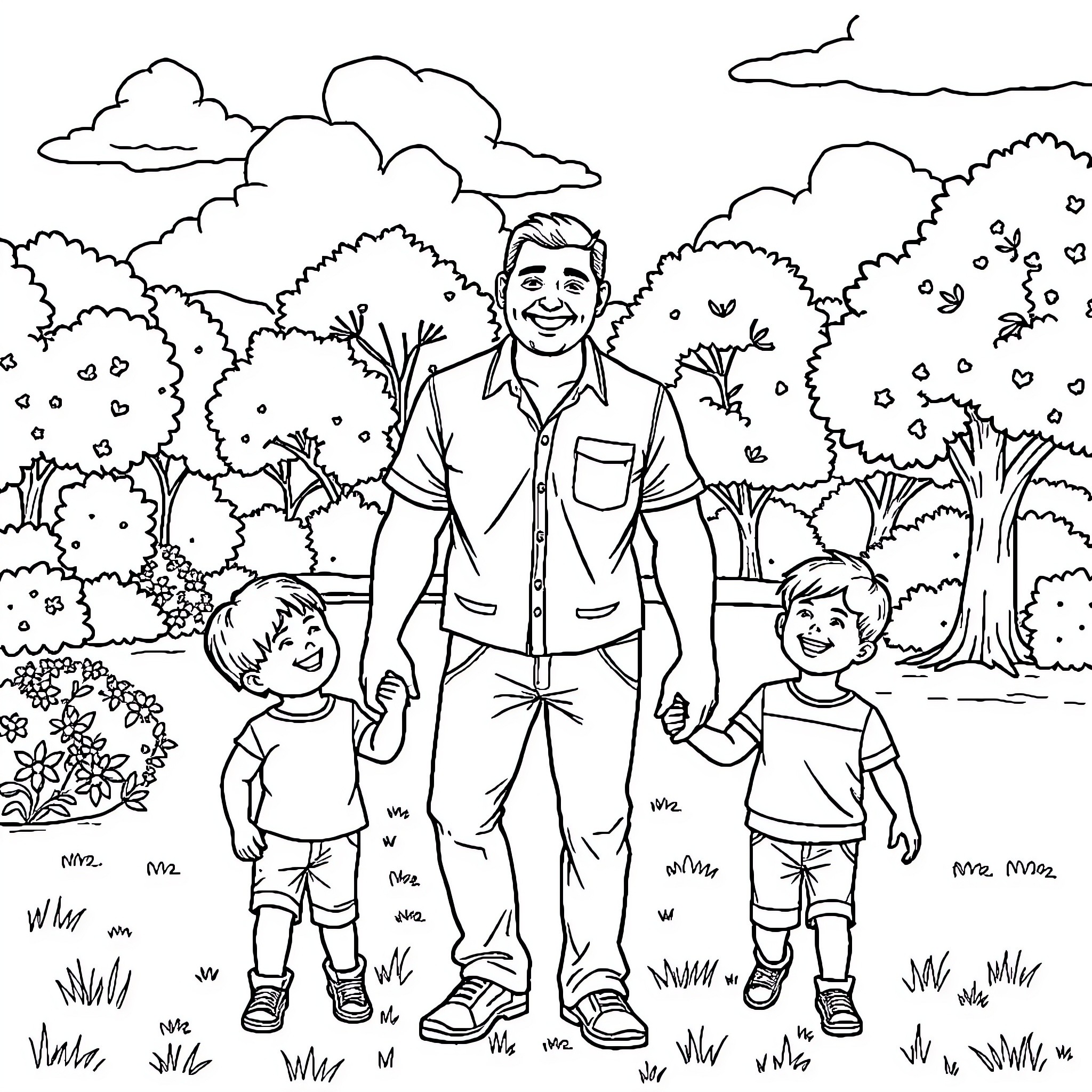 Father walking with his children in the park Coloring Page (free black-and-white line drawing printable PDF for all, from beginners to advanced learners, including children, teens, adults, and seniors)