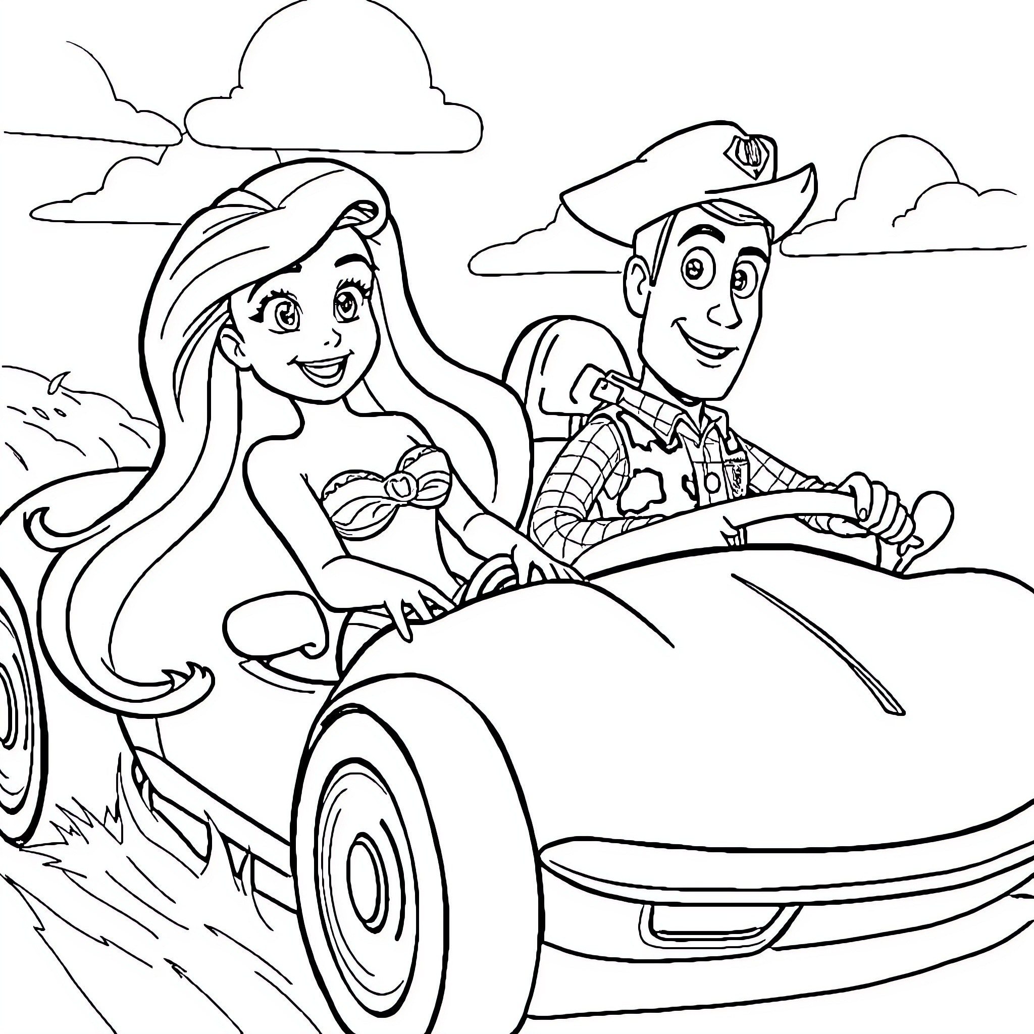 Ariel and Woody driving a sports car together Coloring Page (free black-and-white line drawing printable PDF for all, from beginners to advanced learners, including children, teens, adults, and seniors)