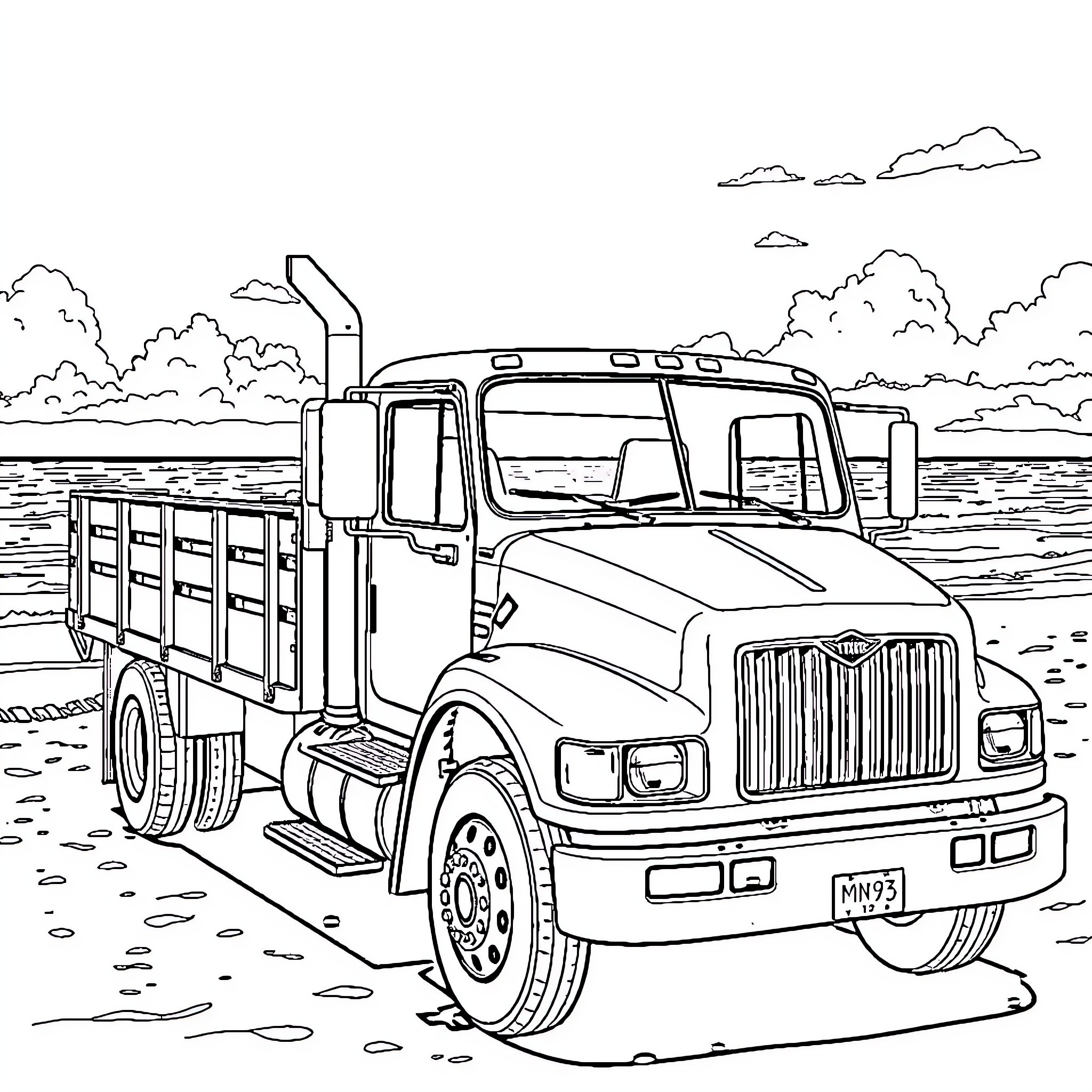 Truck transporting goods through scenic countryside Coloring Page (free black-and-white line drawing printable PDF for all, from beginners to advanced learners, including children, teens, adults, and seniors)