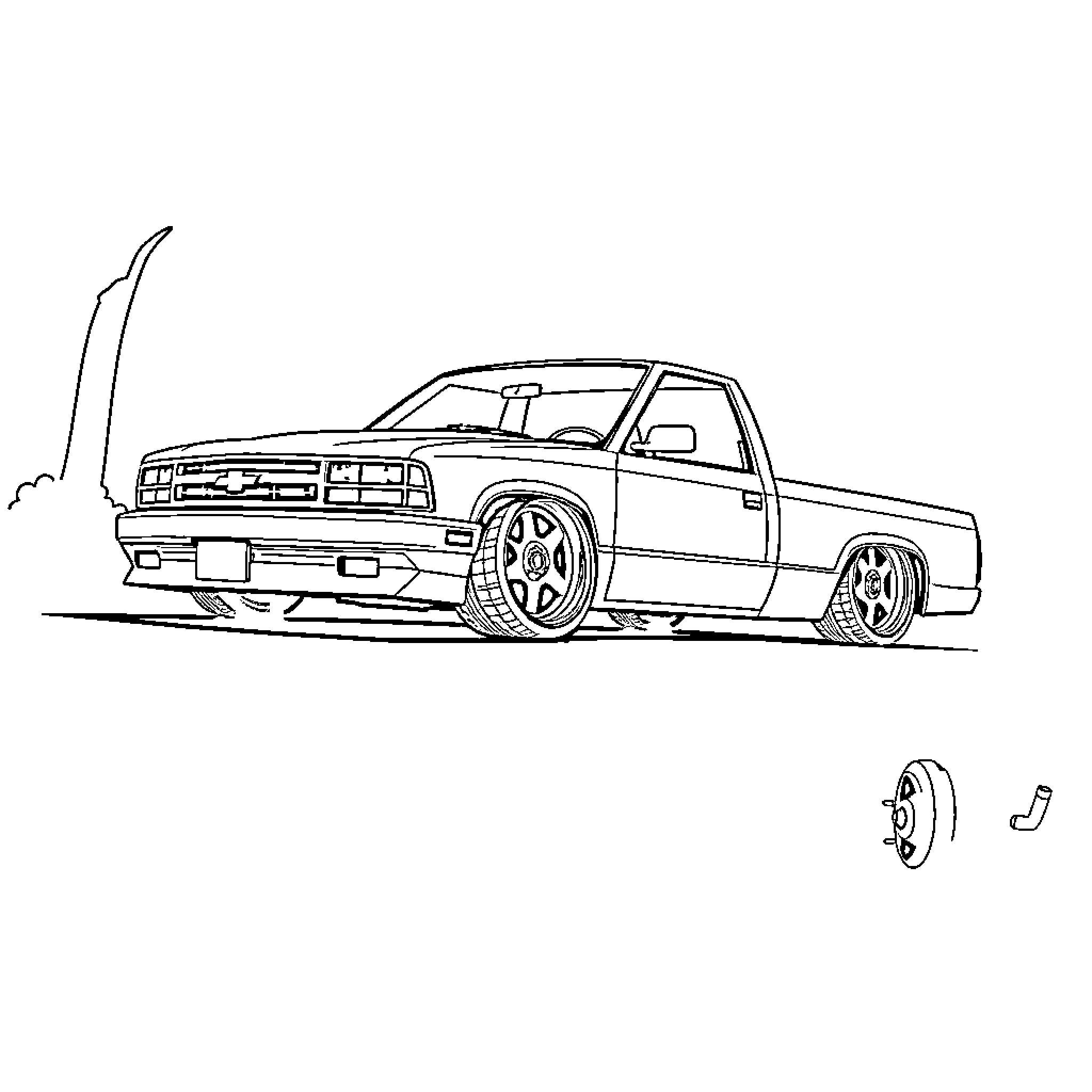 Chevy S10 Pickup Truck with Aftermarket Modifications Coloring Page (free black-and-white line drawing printable PDF for all, from beginners to advanced learners, including children, teens, adults, and seniors)