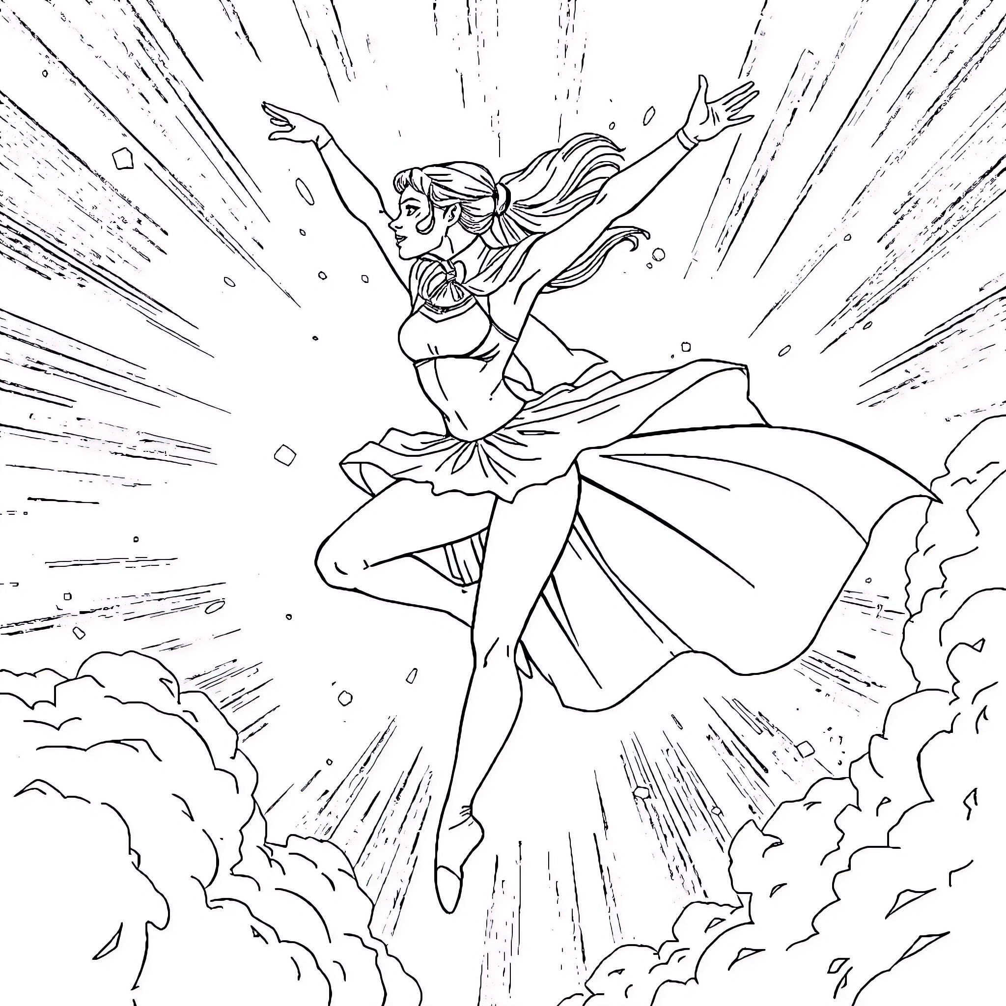 Ballerina performing a dazzling dance in the sky Coloring Page (free black-and-white line drawing printable PDF for all, from beginners to advanced learners, including children, teens, adults, and seniors)