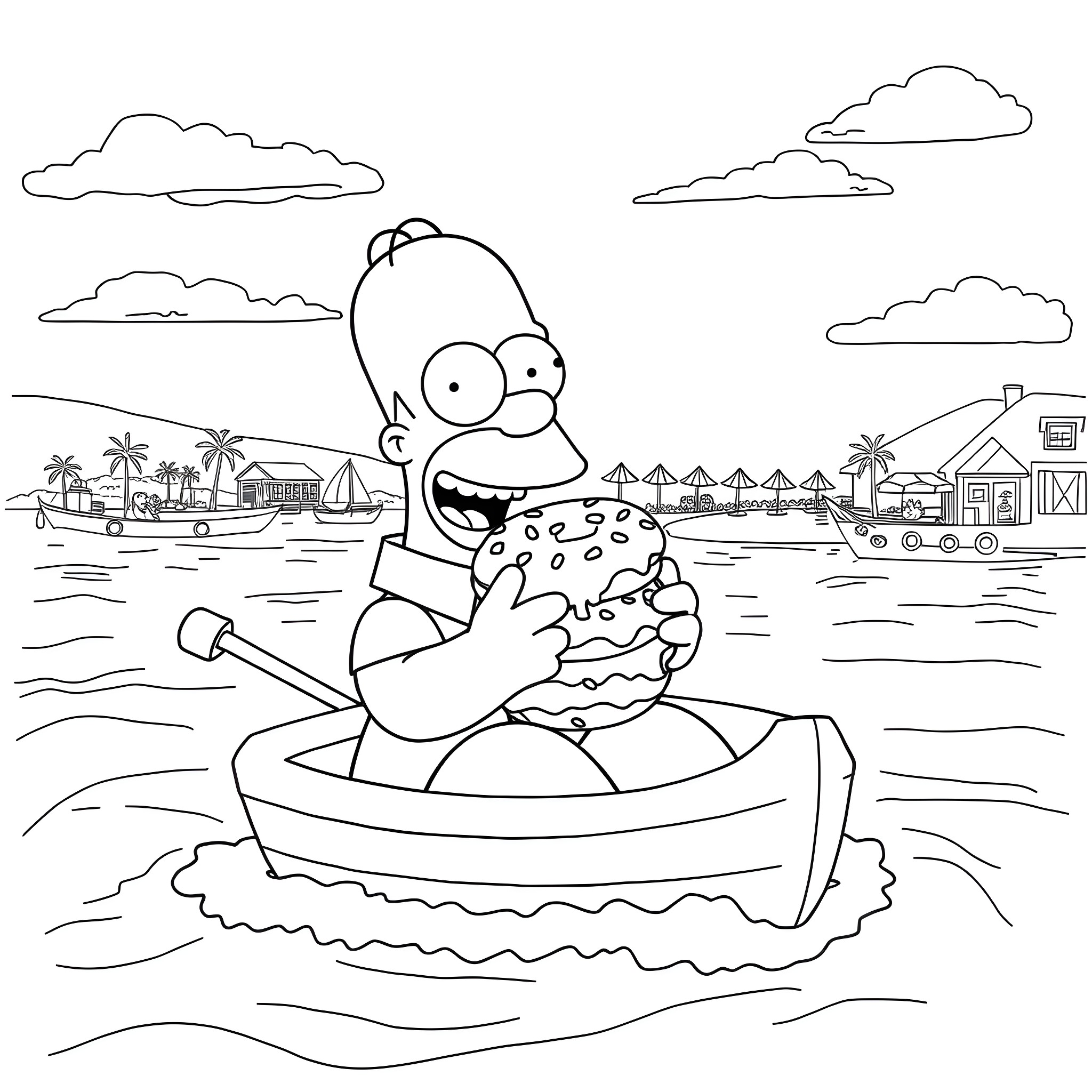 Homer Simpson enjoying a relaxing boat ride Coloring Page (free black-and-white line drawing printable PDF for all, from beginners to advanced learners, including children, teens, adults, and seniors)