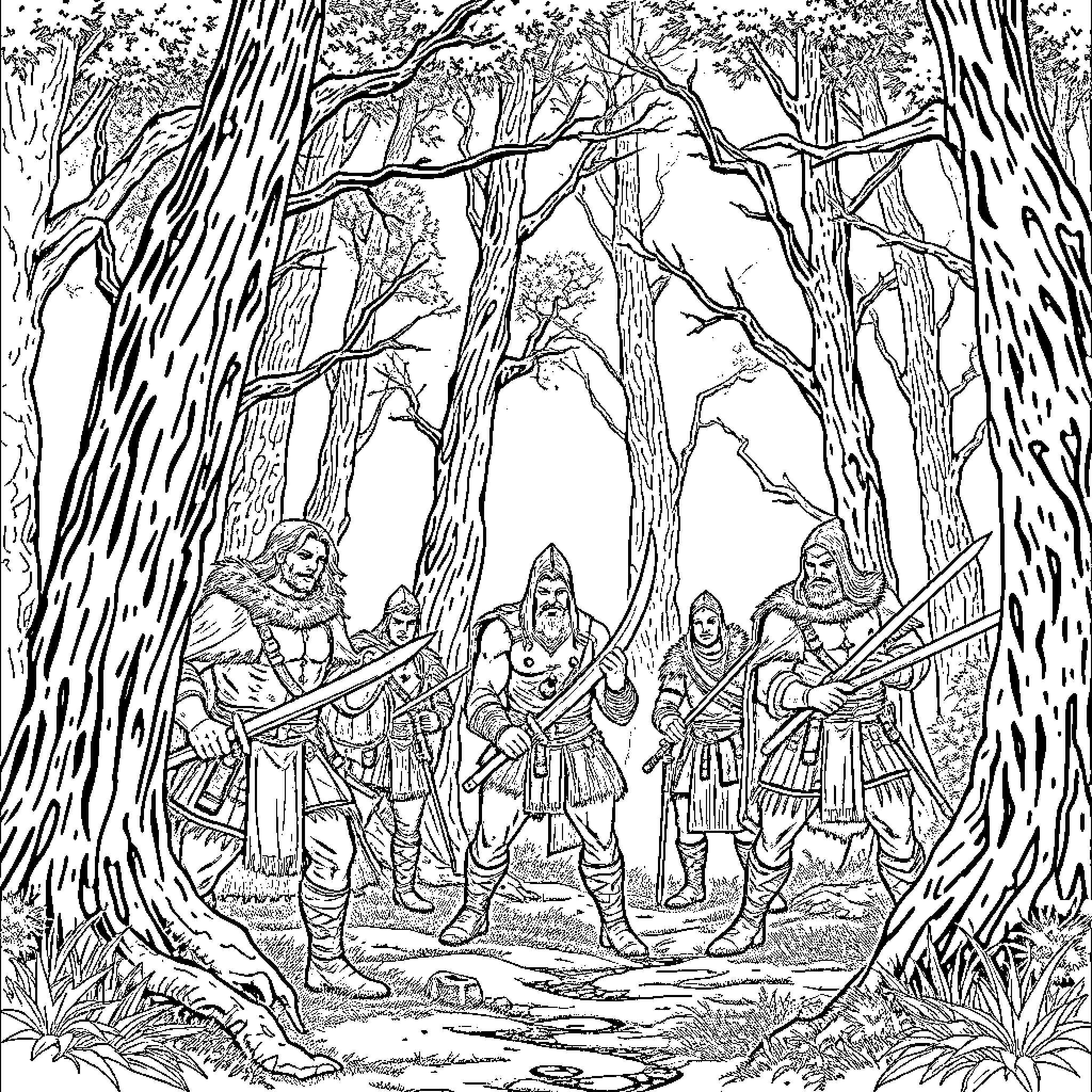 Huntrex Warriors Gathering in the Enchanted Forest Coloring Page (free black-and-white line drawing printable PDF for all, from beginners to advanced learners, including children, teens, adults, and seniors)