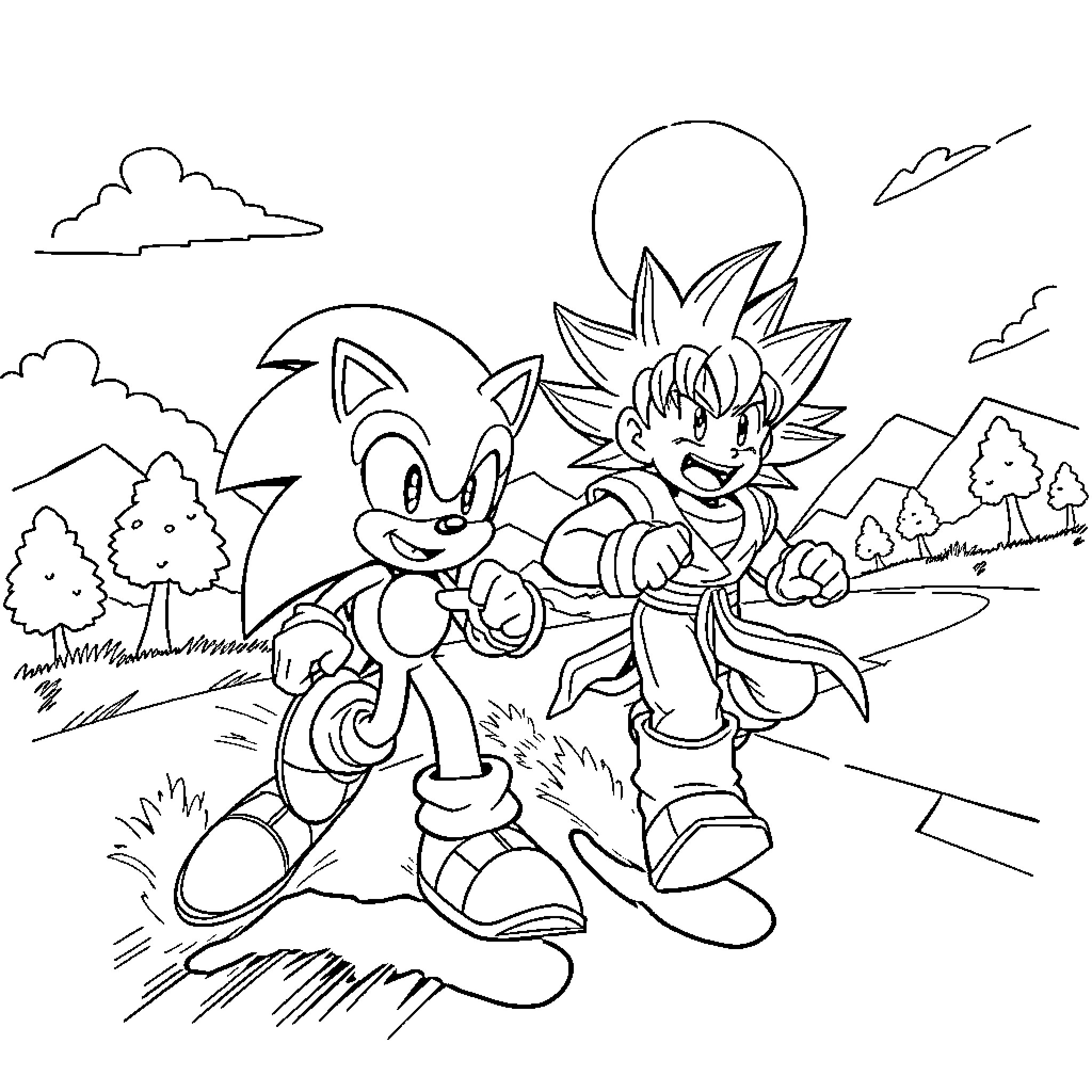Sonic and Goku Exploring the Outdoors Coloring Page (free black-and-white line drawing printable PDF for all, from beginners to advanced learners, including children, teens, adults, and seniors)