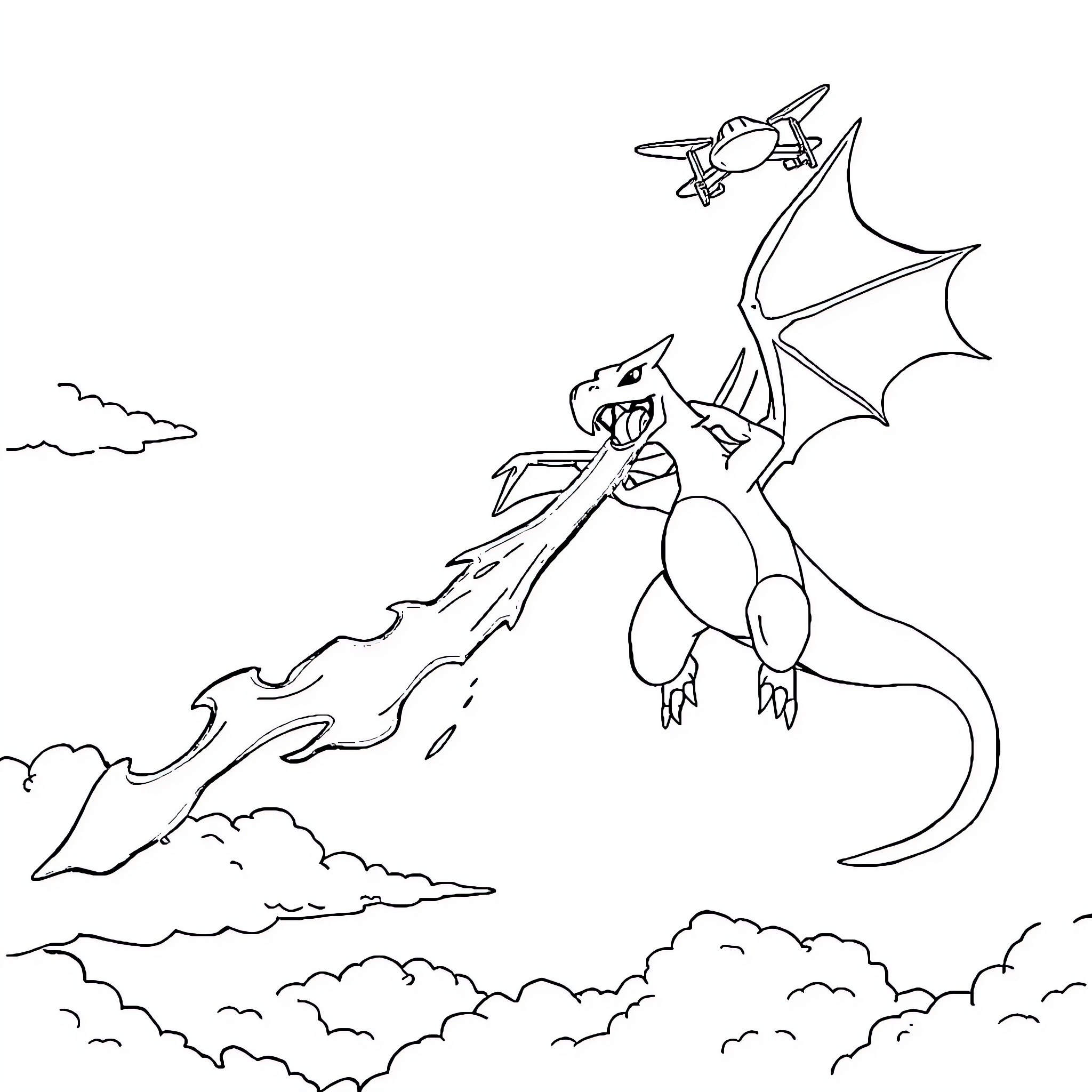 Charizard soaring in the sky with a plane Coloring Page (free black-and-white line drawing printable PDF for all, from beginners to advanced learners, including children, teens, adults, and seniors)