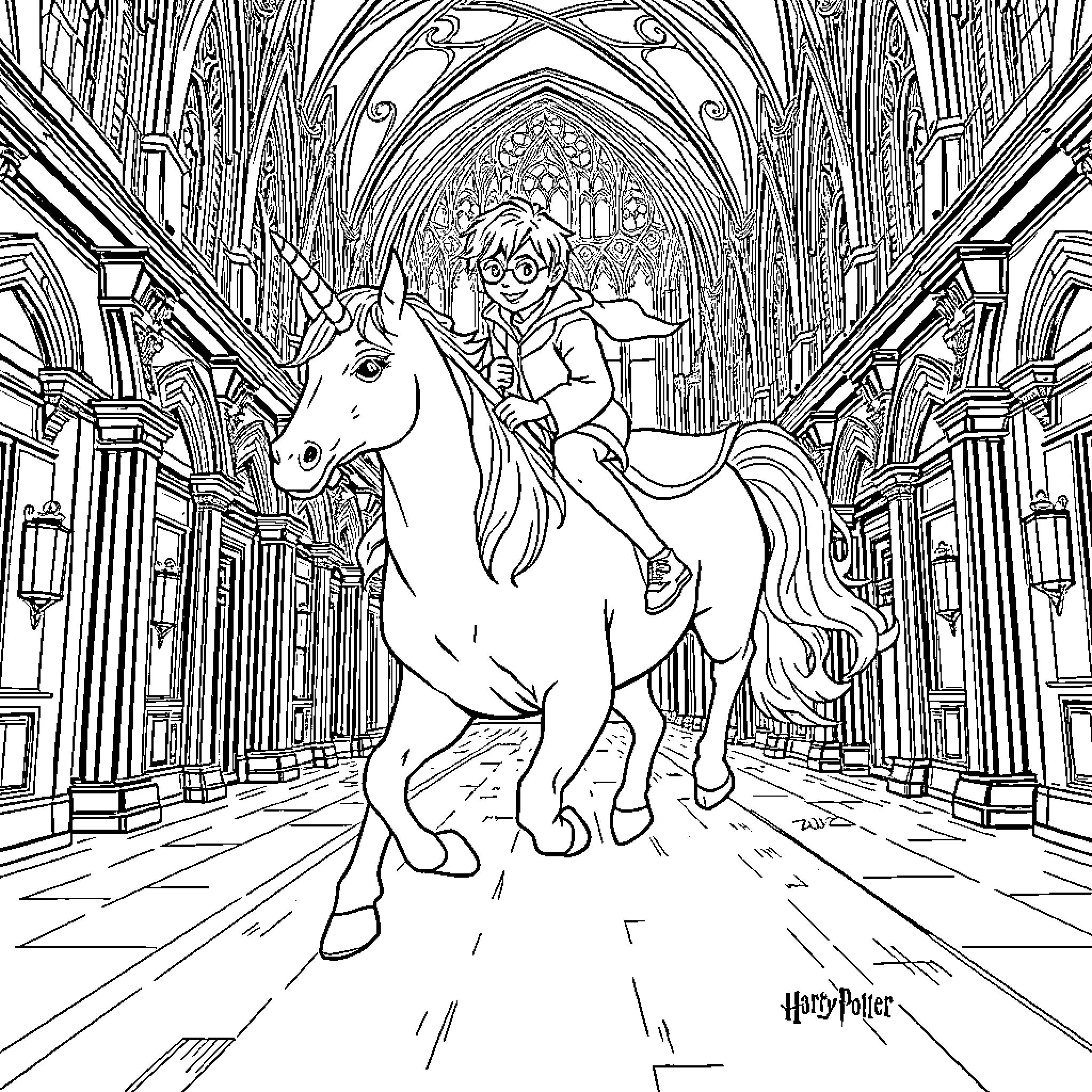 Unicorn riding through a magical castle corridor Coloring Page (free black-and-white line drawing printable PDF for all, from beginners to advanced learners, including children, teens, adults, and seniors)