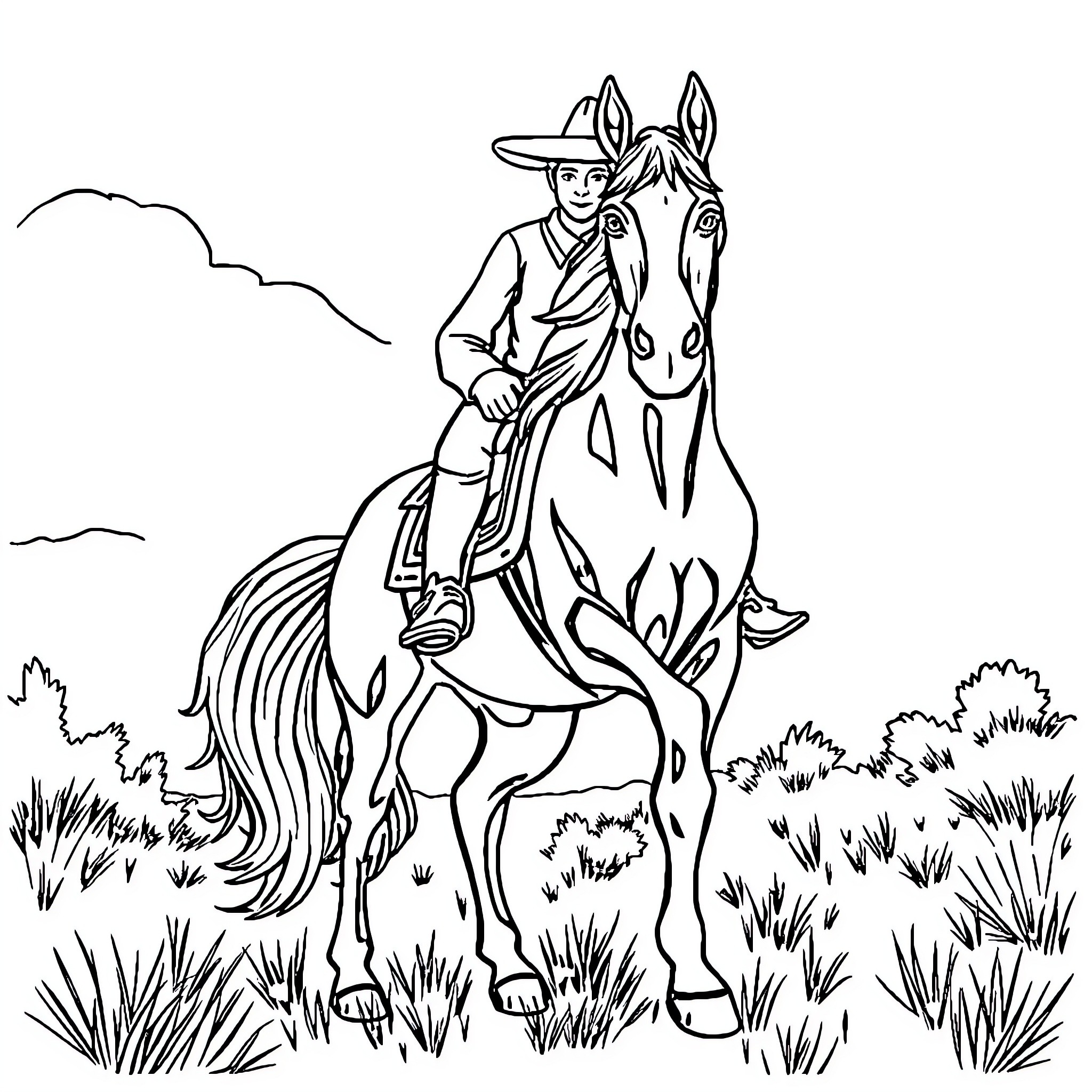Horse and Rider Exploring the Countryside Coloring Page (free black-and-white line drawing printable PDF for all, from beginners to advanced learners, including children, teens, adults, and seniors)