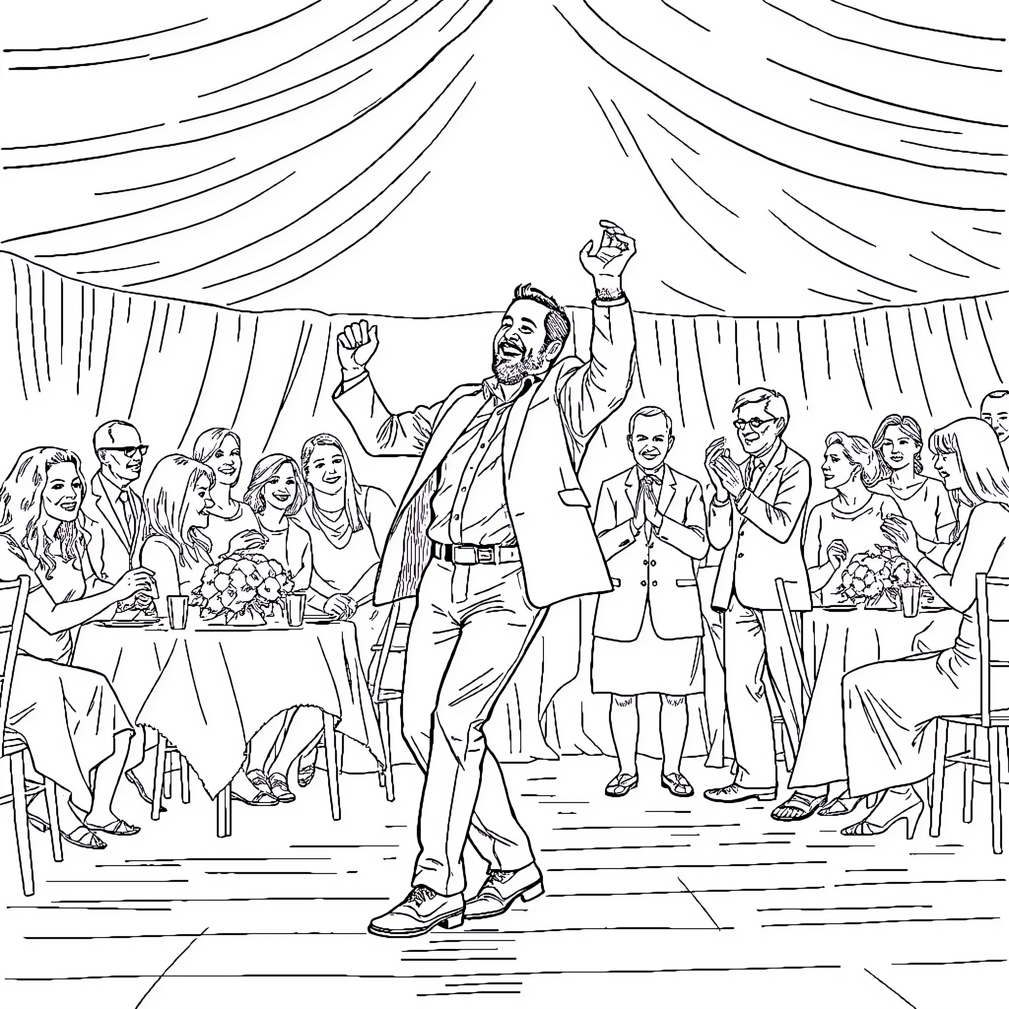 Adam Sandler energetically addressing a crowd at a social event Coloring Page (free black-and-white line drawing printable PDF for all, from beginners to advanced learners, including children, teens, adults, and seniors)