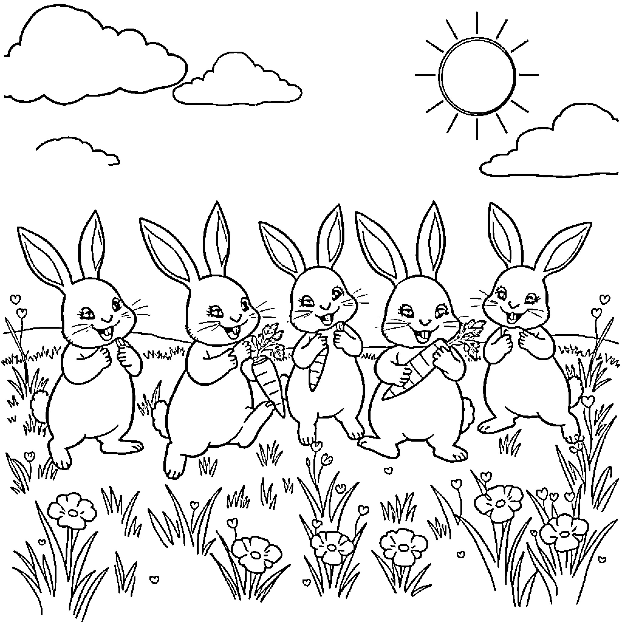 Rabbit Friends Enjoying Sunny Day Outdoors Coloring Page (free black-and-white line drawing printable PDF for all, from beginners to advanced learners, including children, teens, adults, and seniors)