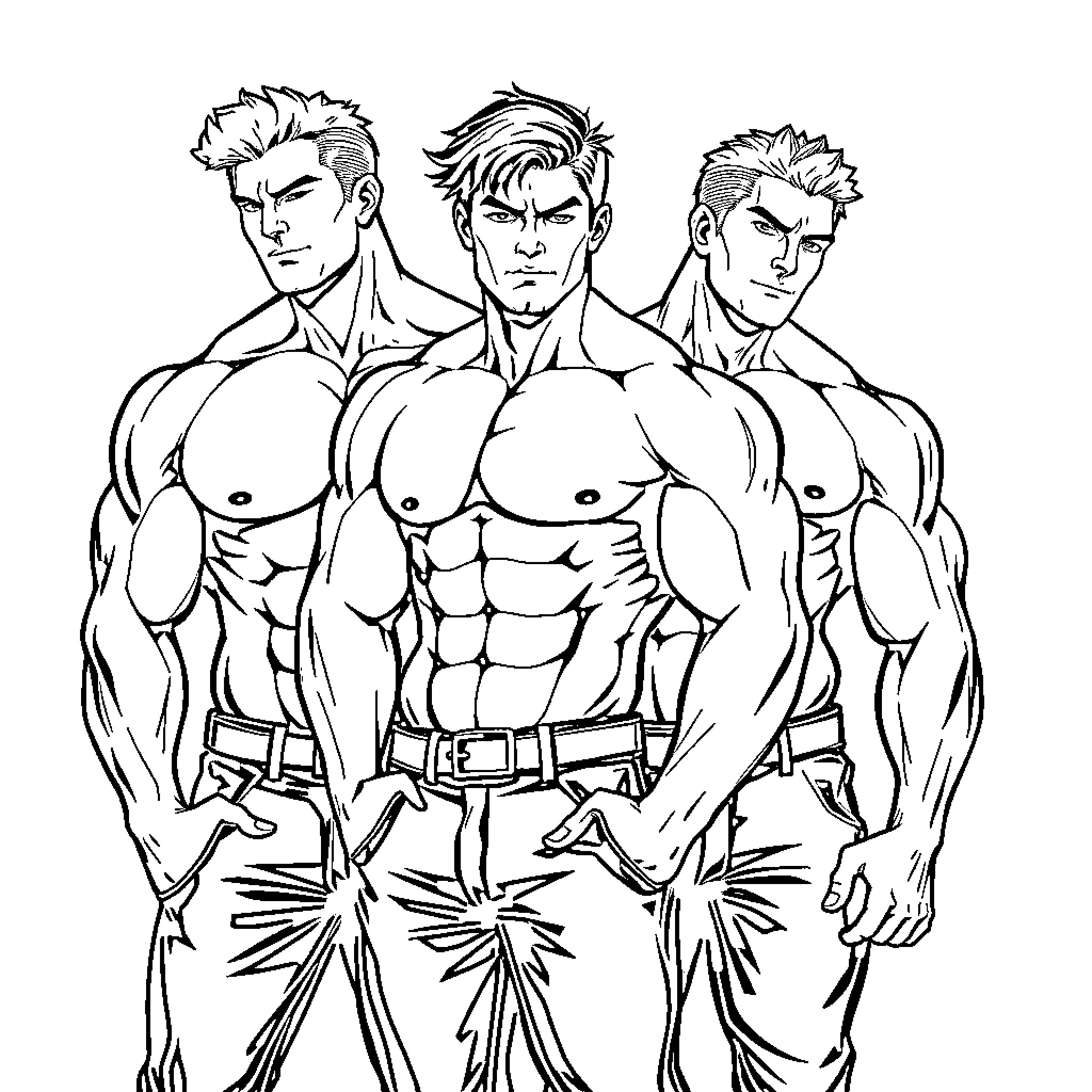 Guy trio of muscular men posing together Coloring Page (free black-and-white line drawing printable PDF for all, from beginners to advanced learners, including children, teens, adults, and seniors)