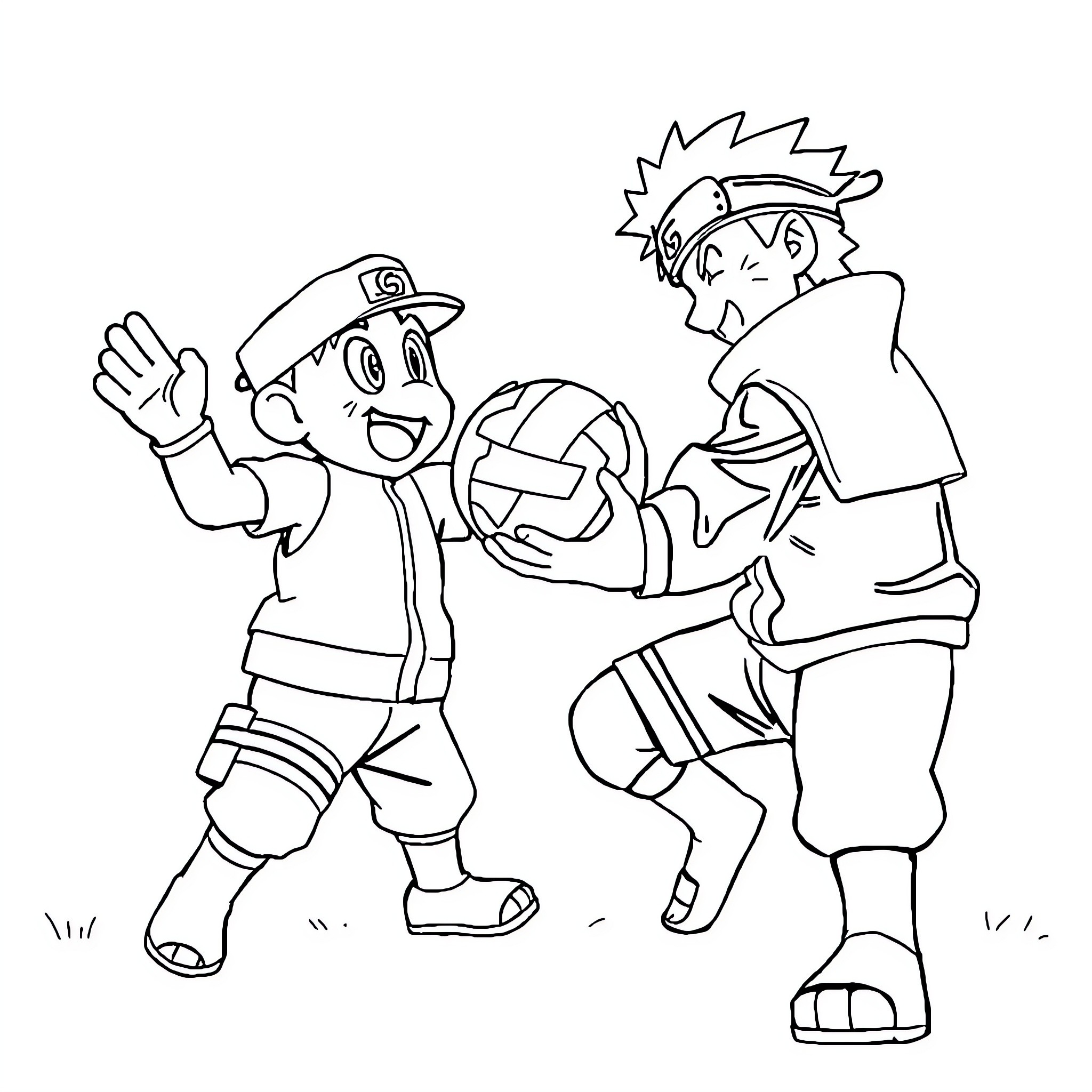 Naruto Friends Playing Soccer Together Coloring Page (free black-and-white line drawing printable PDF for all, from beginners to advanced learners, including children, teens, adults, and seniors)