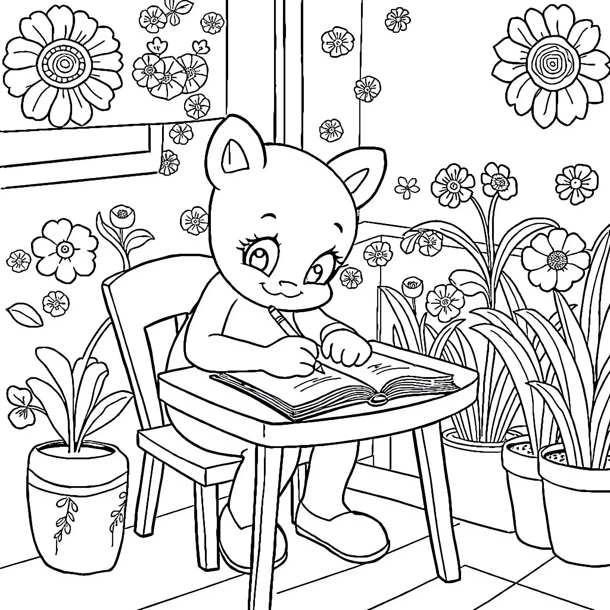 Bluey reading a book in a floral garden Coloring Page (free black-and-white line drawing printable PDF for all, from beginners to advanced learners, including children, teens, adults, and seniors)